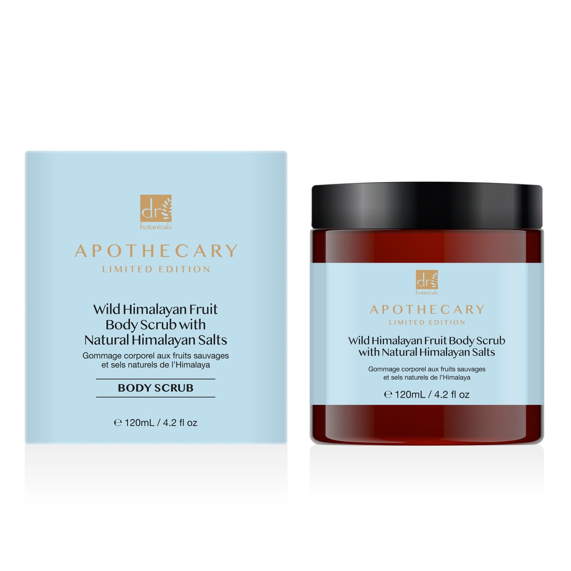 Produktverpackung und Dose. Aufschrift: Wild Himalayan Fruit Body Scrub mit natürlichen Himalaya-Salzen.