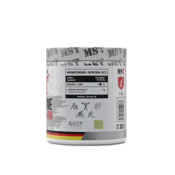 Behälter mit MST L-Glutamine Pharm. Weißer Behälter mit roter und schwarzer Schrift. Enthält 60 Portionen. Mit Zertifizierungen.