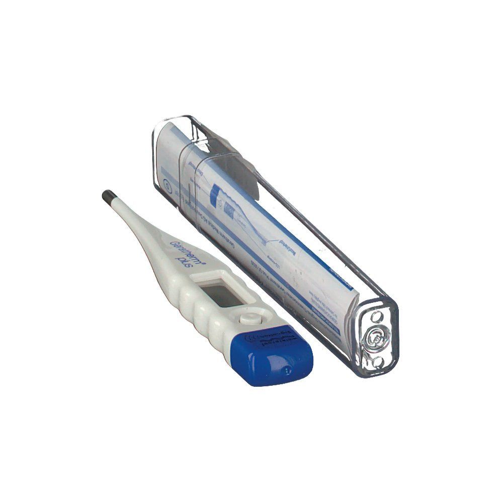 Digitales Fieberthermometer mit blauem Ende und Display. Liegt neben transparenter Schutzhülle.