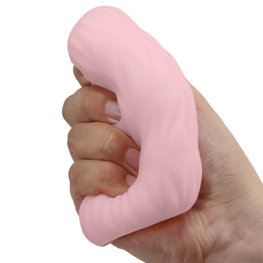Hand hält einen rosa Masturbator. Wellenförmige Textur. Weißer Hintergrund.