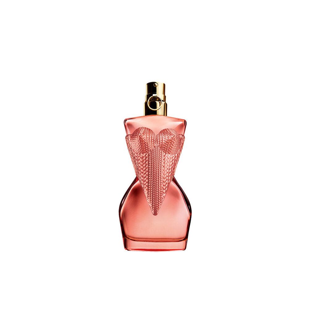 Jean Paul Gaultier Flakon in Form einer weiblichen Silhouette mit goldenem Herzdetail und rosa Flüssigkeit.