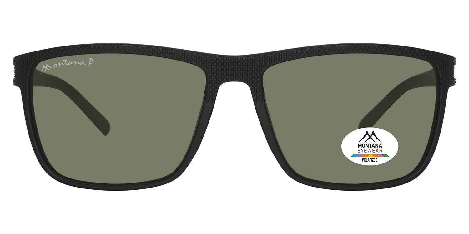 Schwarze Sonnenbrille mit rechteckigen Gläsern. Logo 'Montana Eyewear' am Bügel. Aufkleber 'Polarized'.
