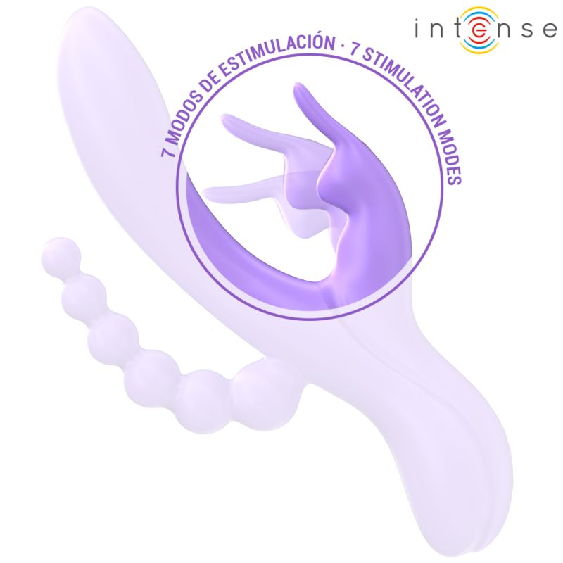 Lila Vibrator mit Kaninchen- und Stimulator-Design. 7 Stimulationsmodi. Marke: Intense.