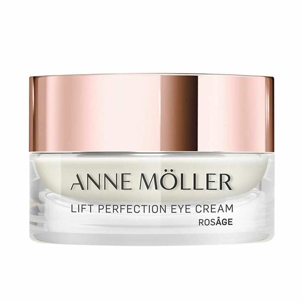 Creme-Glas mit roségoldfarbenem Deckel. Schriftzug: ANNE MÖLLER, LIFT PERFECTION EYE CREAM, ROSÂGE.