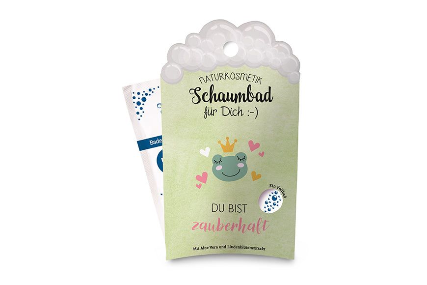 Schaumbad-Verpackung mit Frosch-Illustration und Text: "Du bist zauberhaft". Naturkosmetik-Label.