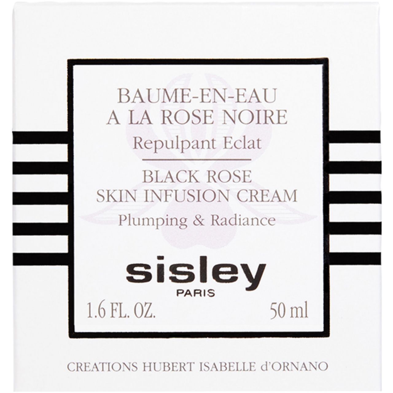 Weiße Verpackung mit schwarzer Schrift. Aufschrift: Baume-en-Eau à la Rose Noire, Black Rose Skin Infusion Cream, Sisley Paris. 1.6 FL. OZ. 50 ml.