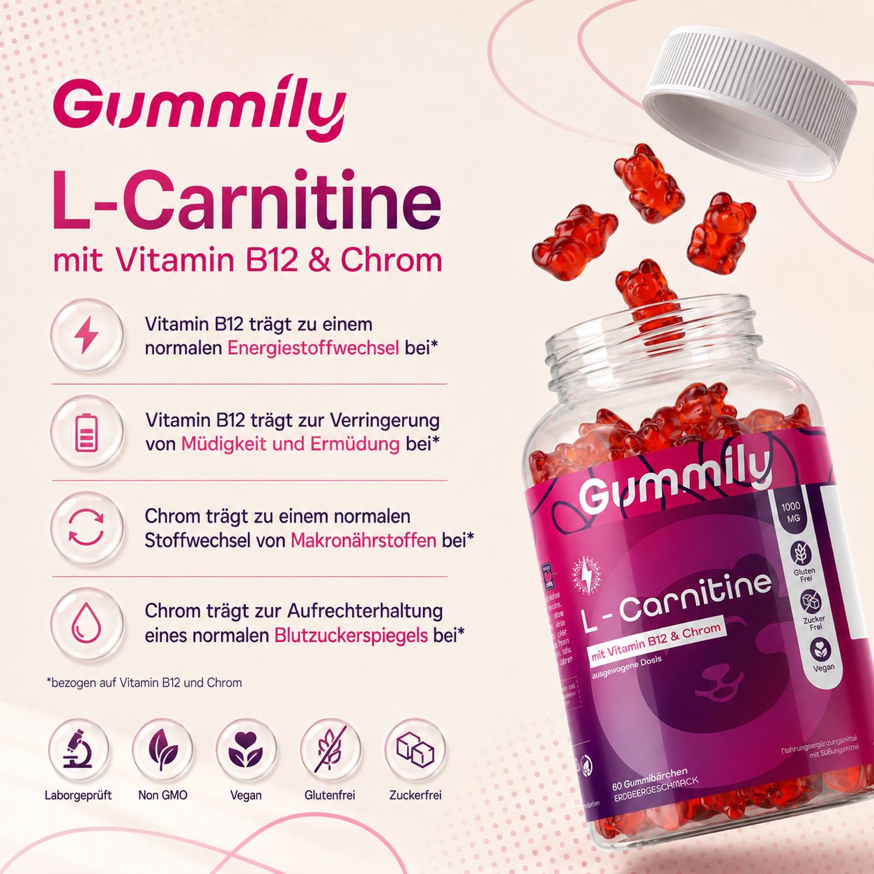 Gummily® L Carnitin 1000 mg - Chrom & B12 -  Stoffwechsel & Energie, Zuckerfrei