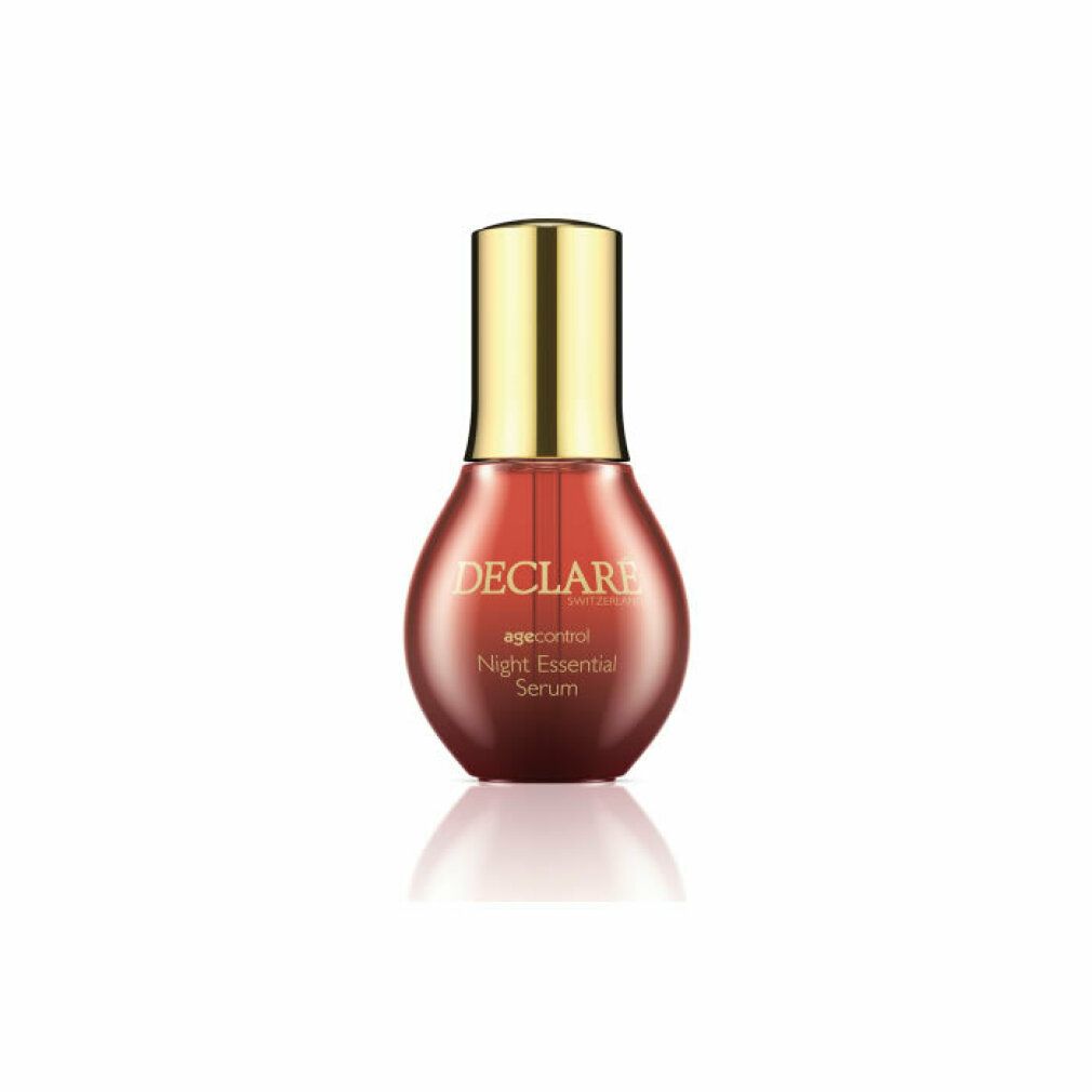 Rote Serumflasche mit goldfarbenem Deckel. Aufschrift: DECLARE SWITZERLAND, agecontrol Night Essential Serum.