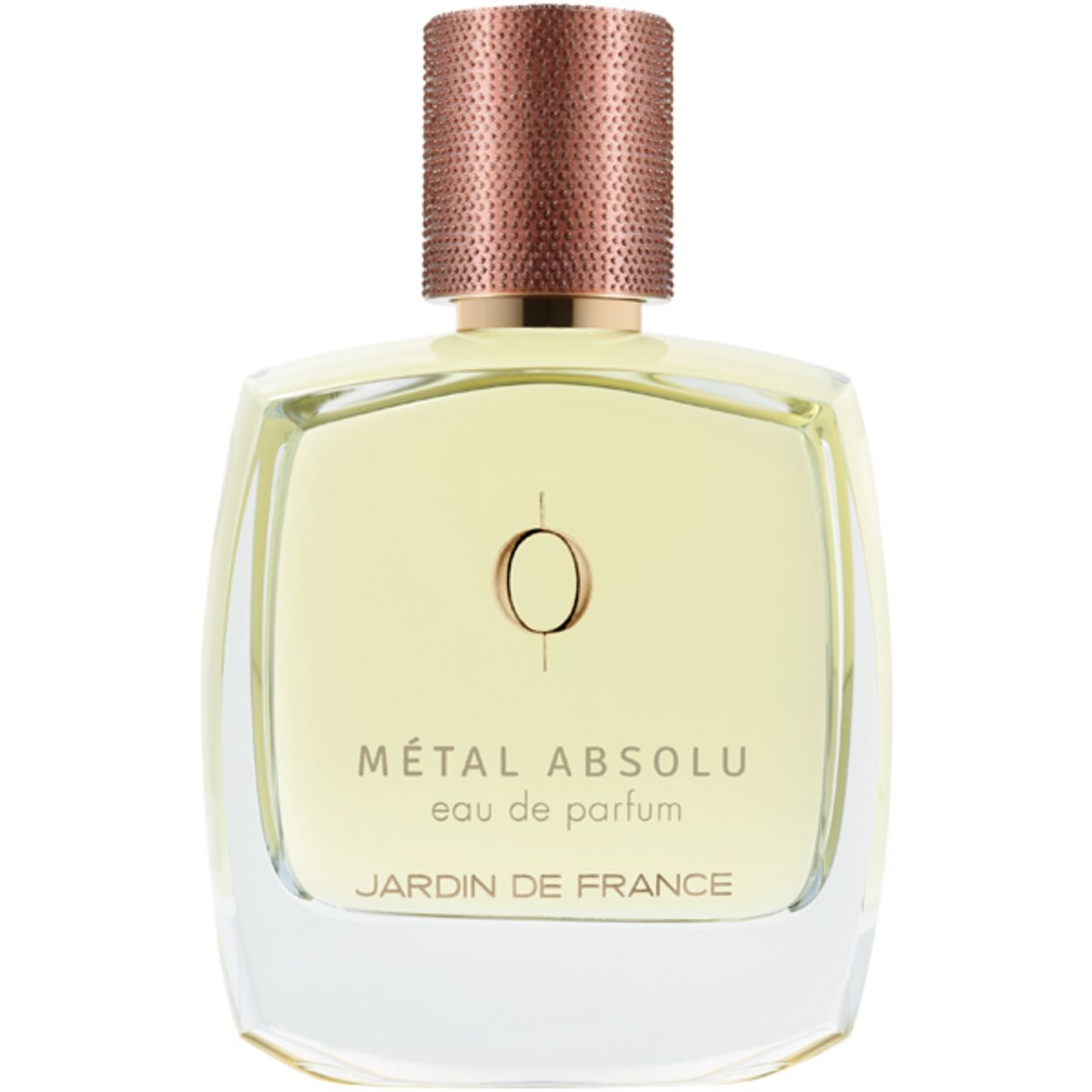 Parfümflakon mit kupferfarbenem Verschluss. Aufschrift: Métal Absolu Eau de Parfum, Jardin de France. Klarer, quadratischer Flakon.