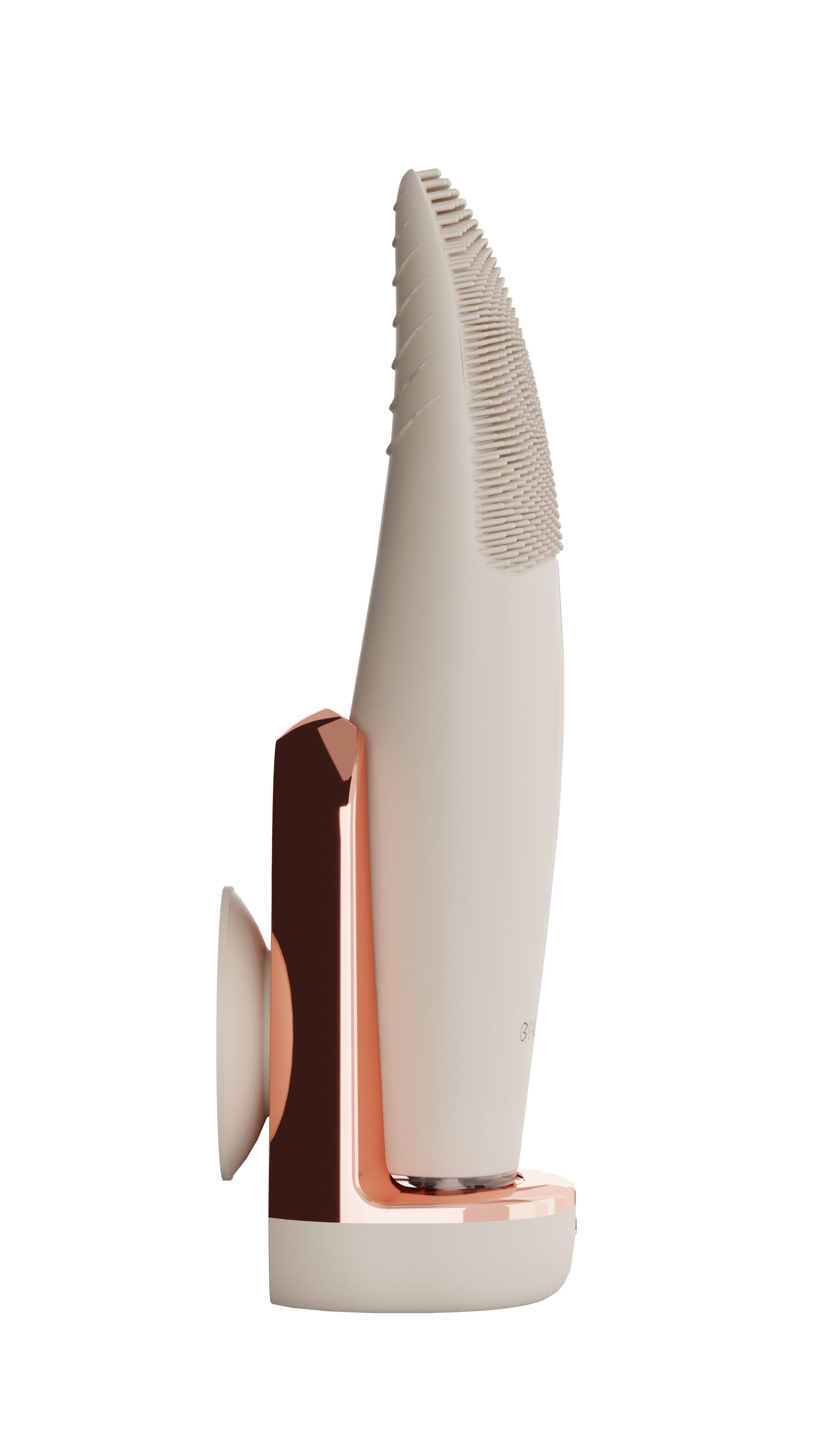 Gesichtsbürste, Seitenansicht. Weißes Gehäuse, roségoldfarbene Basis. Mit Ladeschale. Silikonborsten.