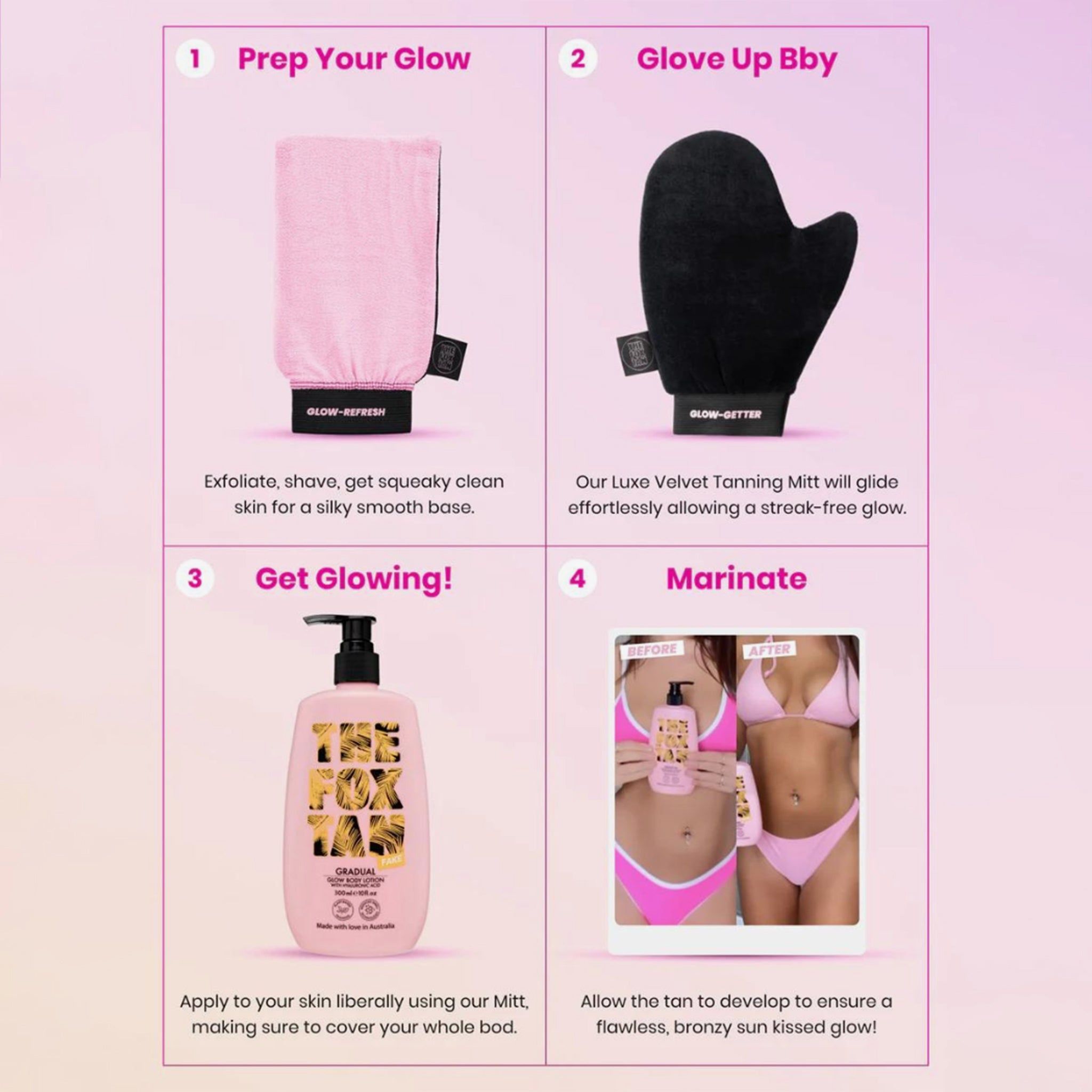 Anleitung mit vier Schritten zur Anwendung. Produkte: Handschuh, Applikator, Flasche, Smartphone mit Bild.