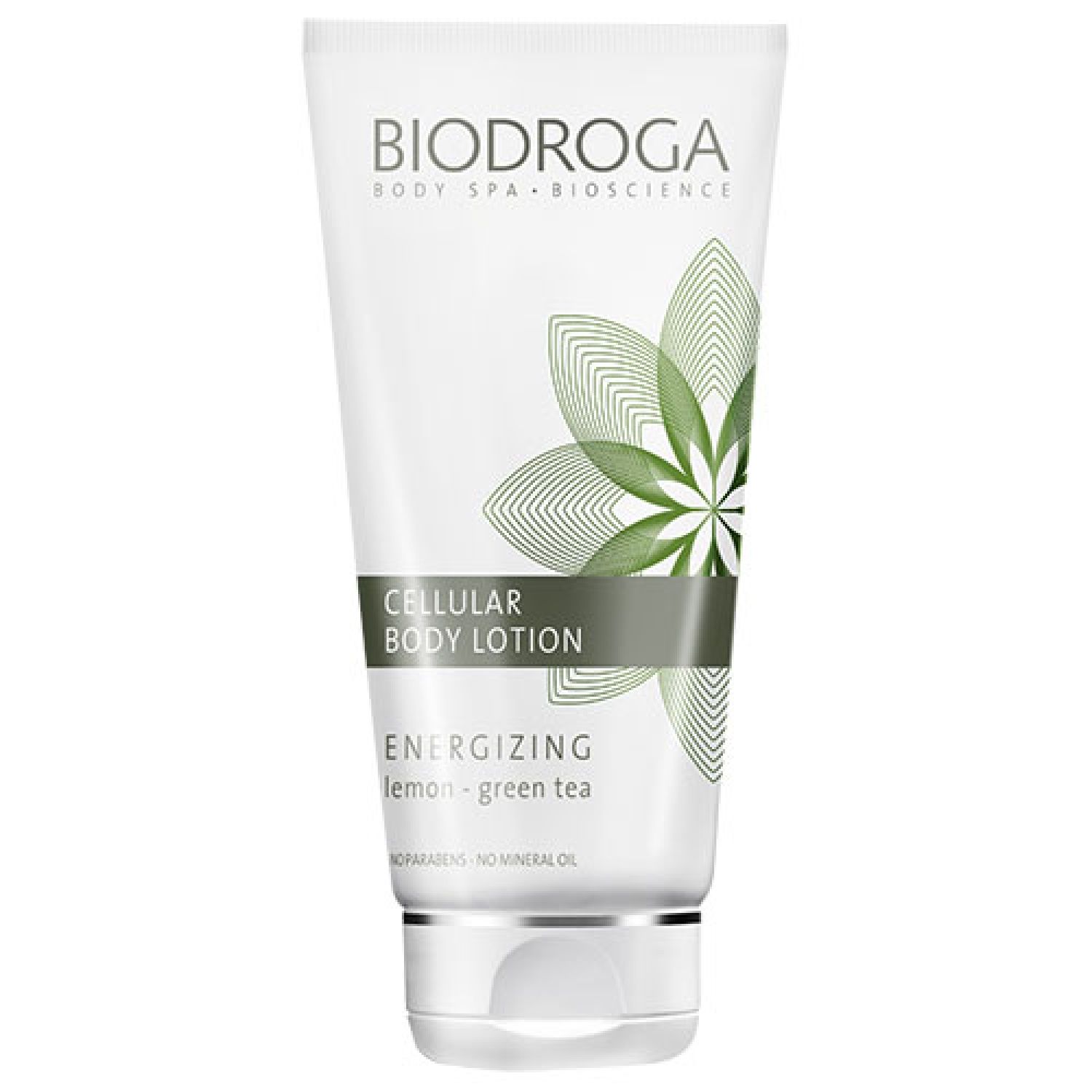 Weiße Tube mit grünem floralem Design. Text: BIODROGA, CELLULAR BODY LOTION, ENERGIZING lemon - green tea. Ohne Parabene, ohne Mineralöl.