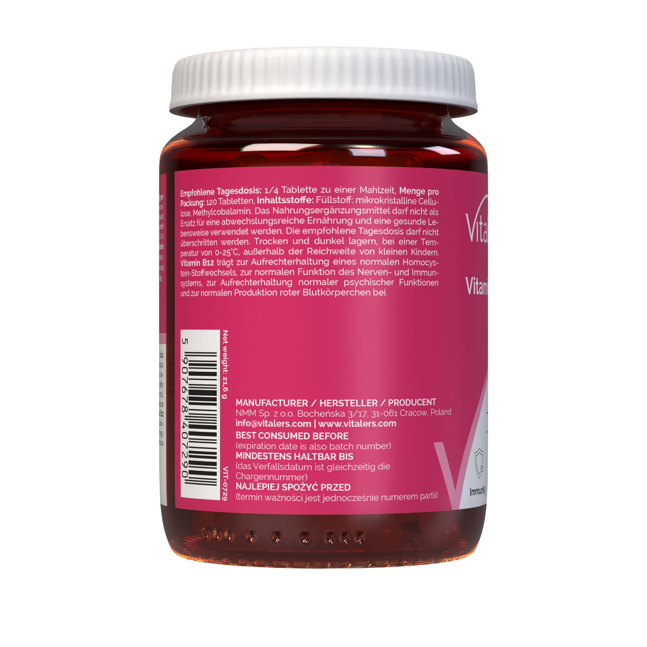 Vitaler's Vitamin B12 100 µg: Rückseite der braunen Flasche mit Herstellerangaben, Mindesthaltbarkeitsdatum und Barcode.