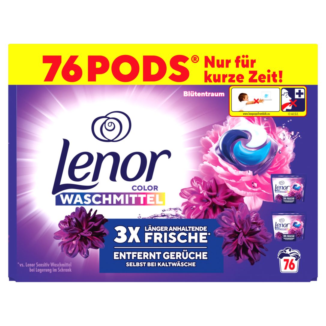 Verpackung mit 76 Lenor Colorwaschmittel Pods. Aufschrift: 3X länger anhaltende Frische, entfernt Gerüche. Blütentraum-Design.
