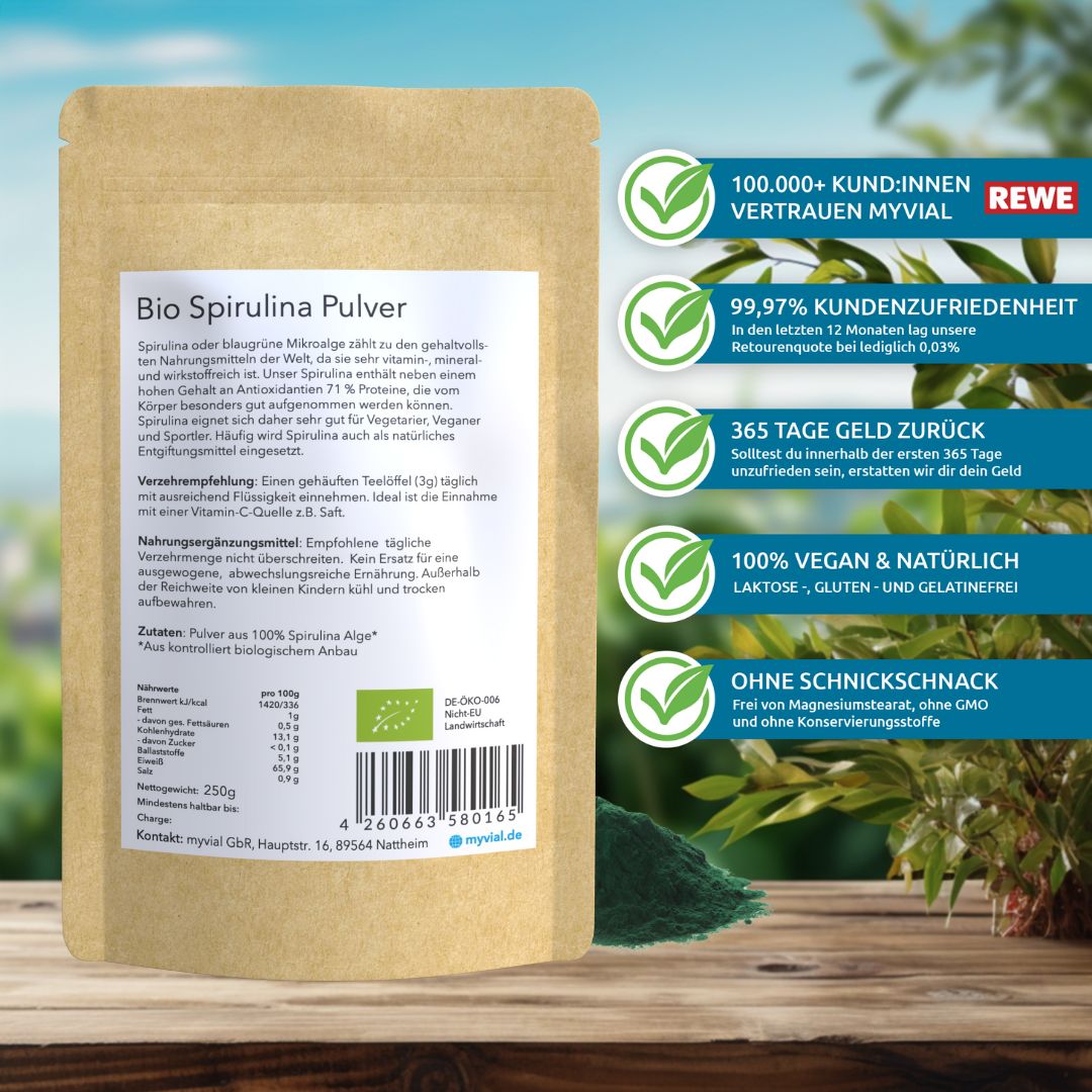 myvial® Bio Spirulina Pulver - 250 g mit Phycocyanin & Chlorophyll - vegan & laborgeprüft