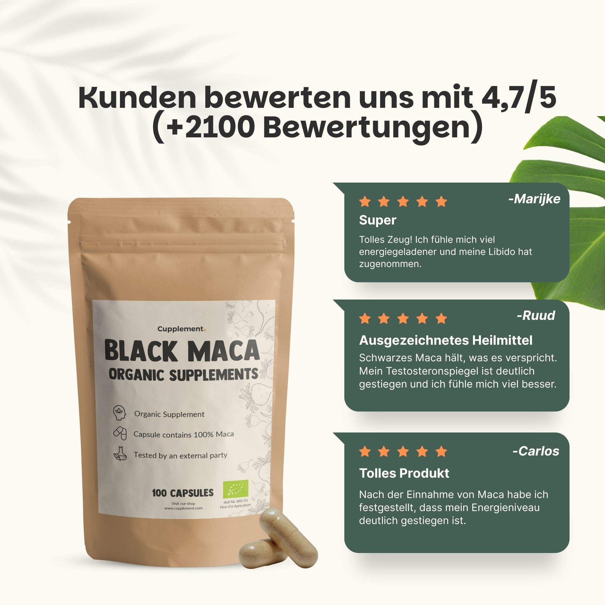 Produktbeutel mit Kapseln. Aufschrift: Black Maca Organic Supplements. 100 Kapseln. Zwei Kapseln daneben. Kundenbewertungen.