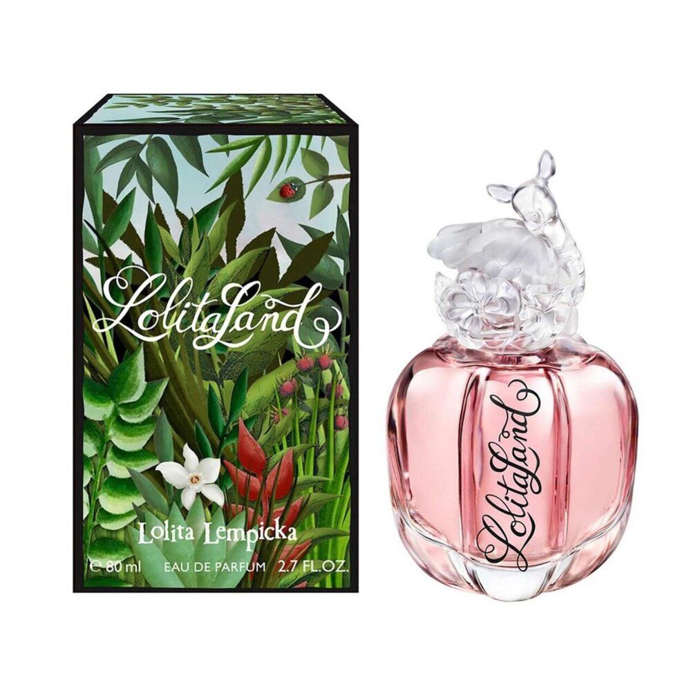 Parfümflakon und Verpackung. Flakon mit rosa Flüssigkeit, Reh-Kopf-Verschluss. Verpackung mit floralem Design und Schriftzug "Lolitaland".