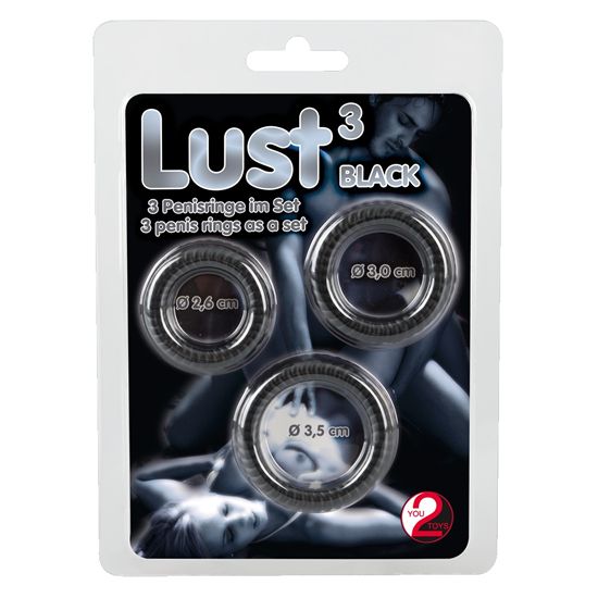 You2Toys *Lust³ Black* gerillte, schwarze Penisringe für intensive Erektionen