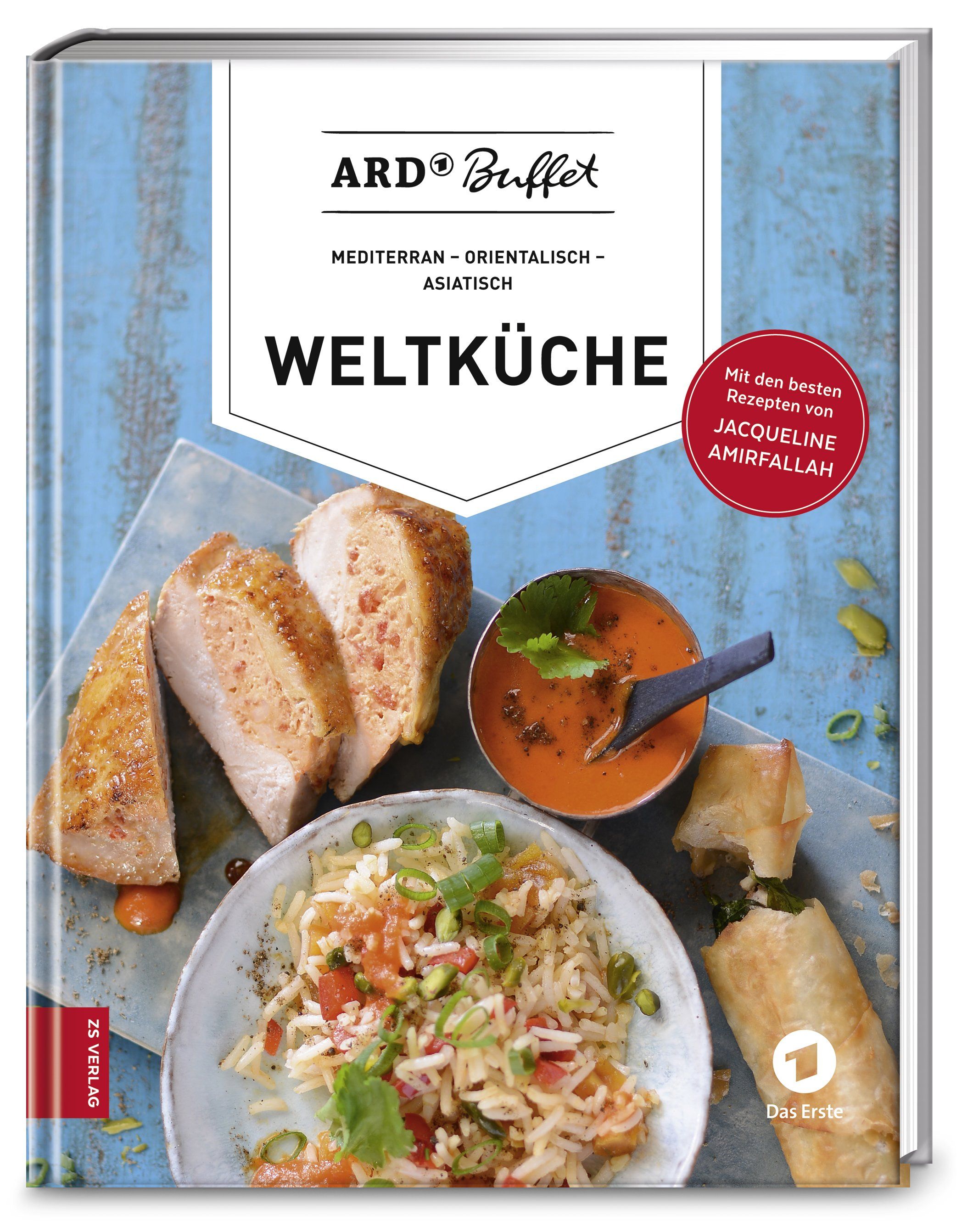 Kochbuch "ARD Buffet Weltküche". Titel und Autorenname sichtbar. Gerichte auf blauem Untergrund. ZS Verlag Logo.