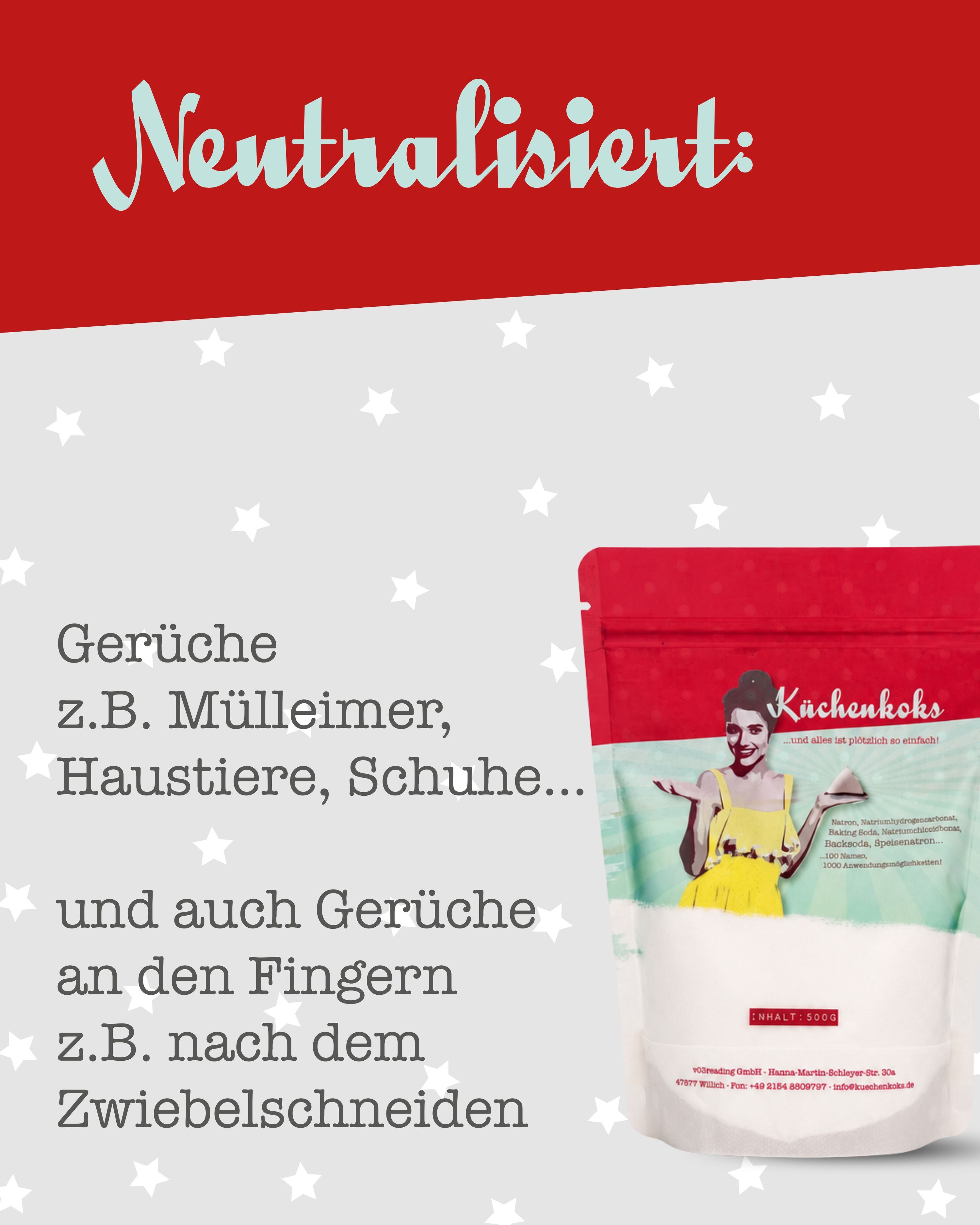 Illustration einer Frau, die auf Gerüche hinweist. Text: "Neutralisiert".