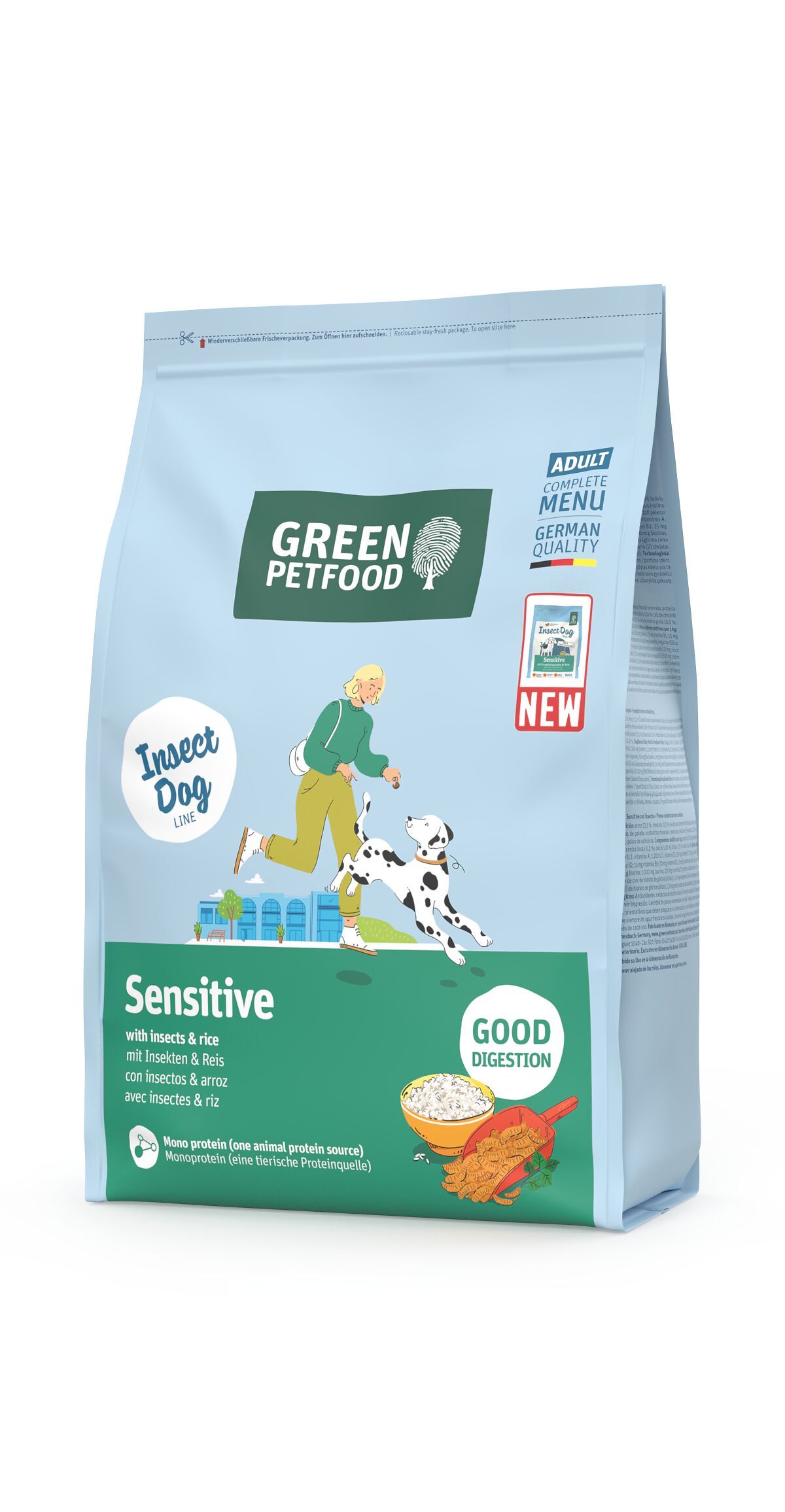 Hundefutter-Beutel. Aufdruck: Green Petfood, Sensitive, Insekten & Reis. Abbildung: Hund und Person. Text: Good Digestion.