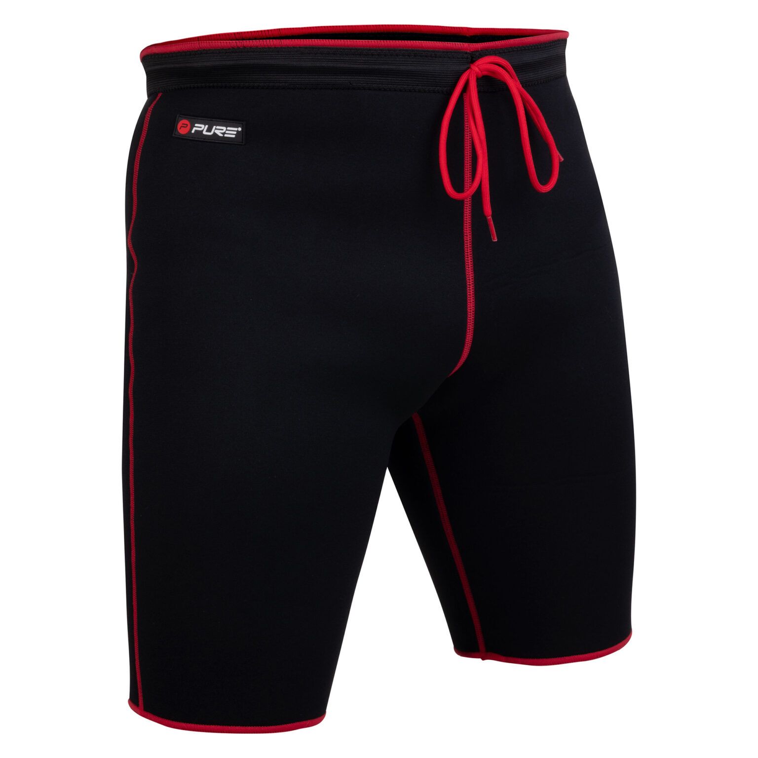 Pantaloncini compressivi neri con cuciture e cordino rossi. Logo "PURE" visibile. Materiale neoprene.