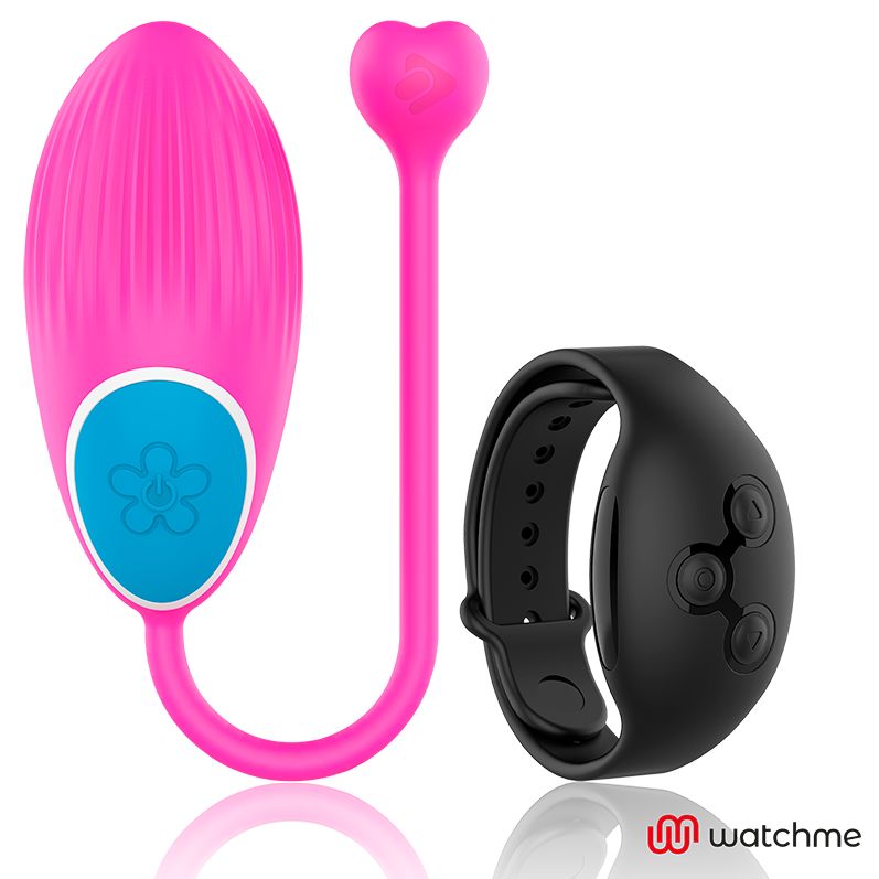 Rosa Ei-förmiges Produkt mit blauem Knopf und schwarzer Armbanduhr. Logo: watchme.
