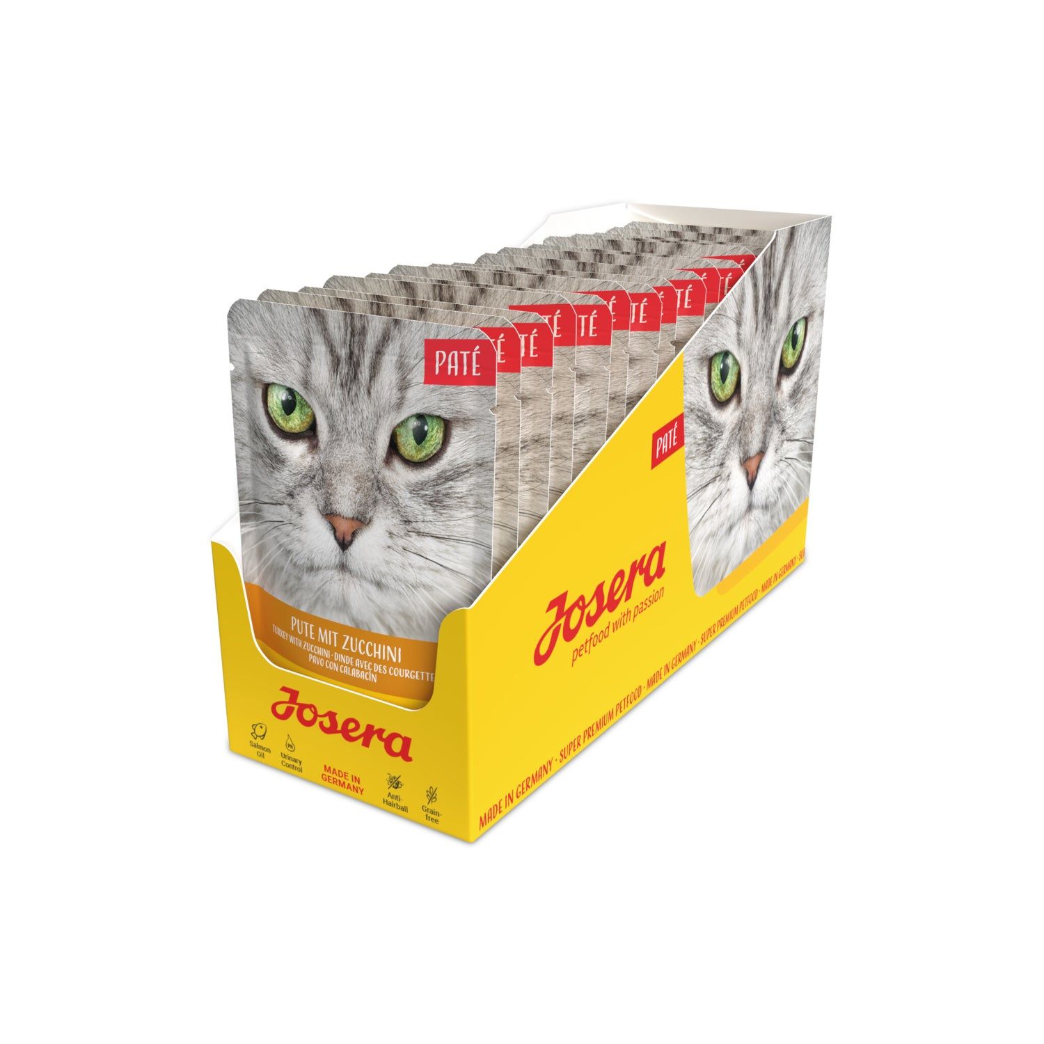 Josera Paté Pute mit Zucchini. Gelbe Theke mit Katzenfutter-Beuteln. Aufdruck: Katze, Produktname, Logo.