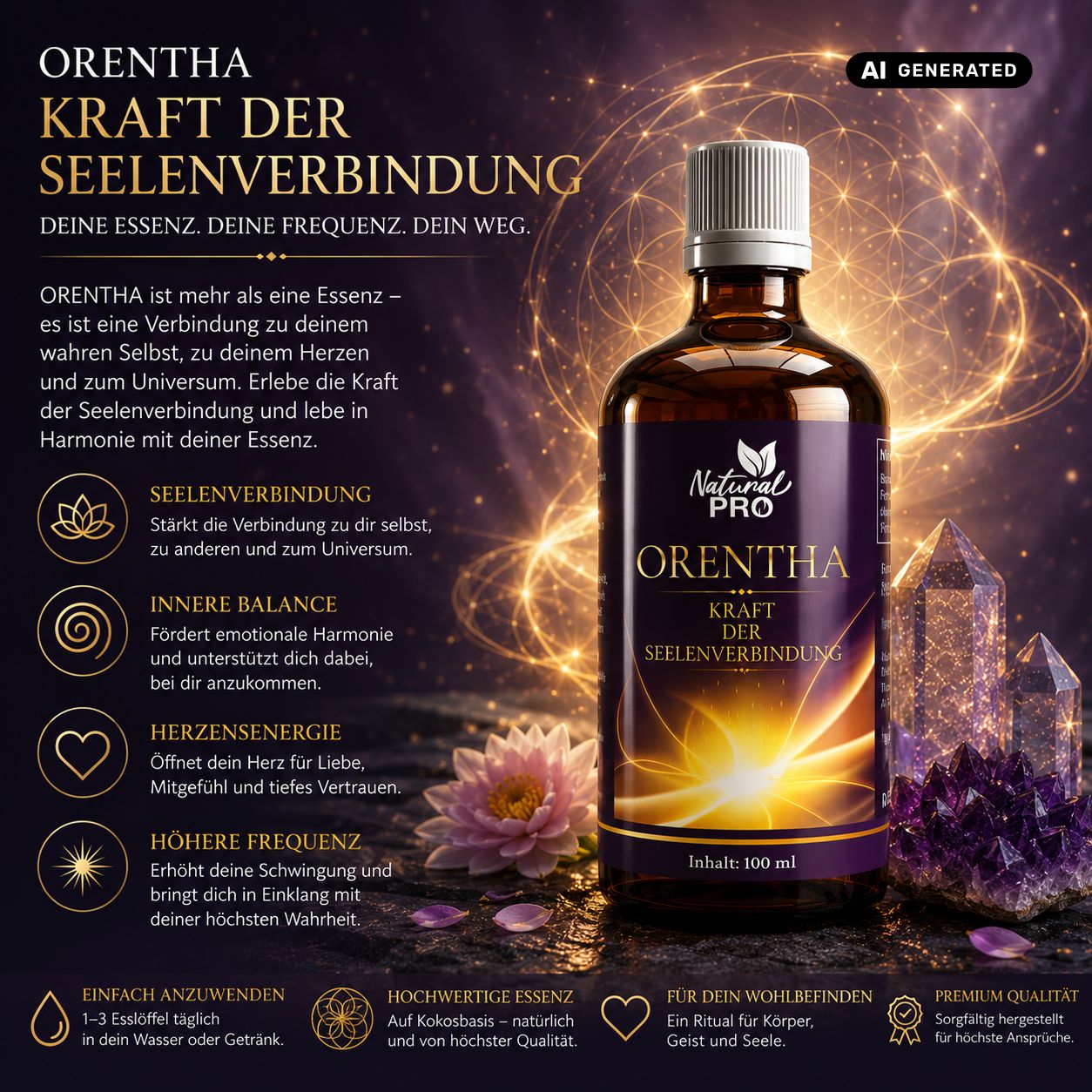 Braune Glasflasche mit weißem Schraubverschluss, gefüllt mit einer goldenen Flüssigkeit. Das Etikett zeigt den Produktnamen und eine stilisierte Darstellung von Energie.