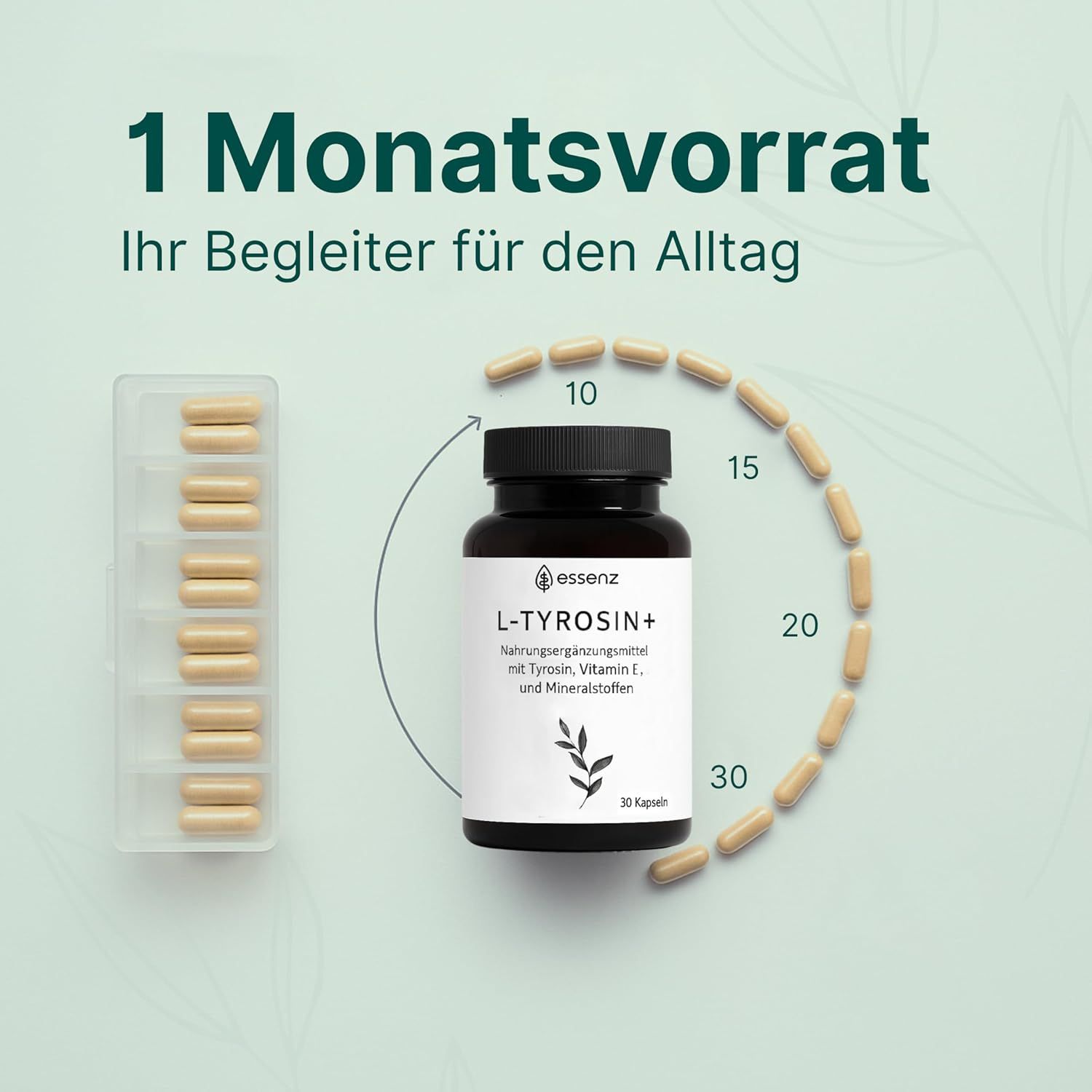 Kapseln in Dose und Tablettenspender. Flasche 'essenz L-Tyrosin+'. Text: 1 Monatsvorrat. 30 Kapseln. 10, 15, 20, 30 Kapseln.
