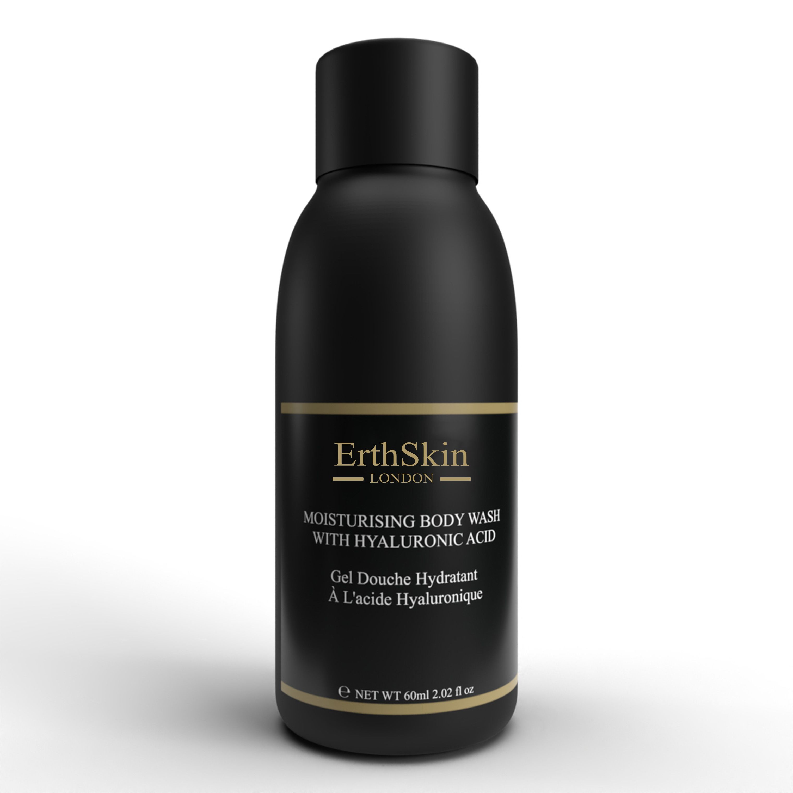 Schwarze Flasche mit goldfarbenem Etikett. Aufschrift: ErthSkin London, Moisturising Body Wash with Hyaluronic Acid.