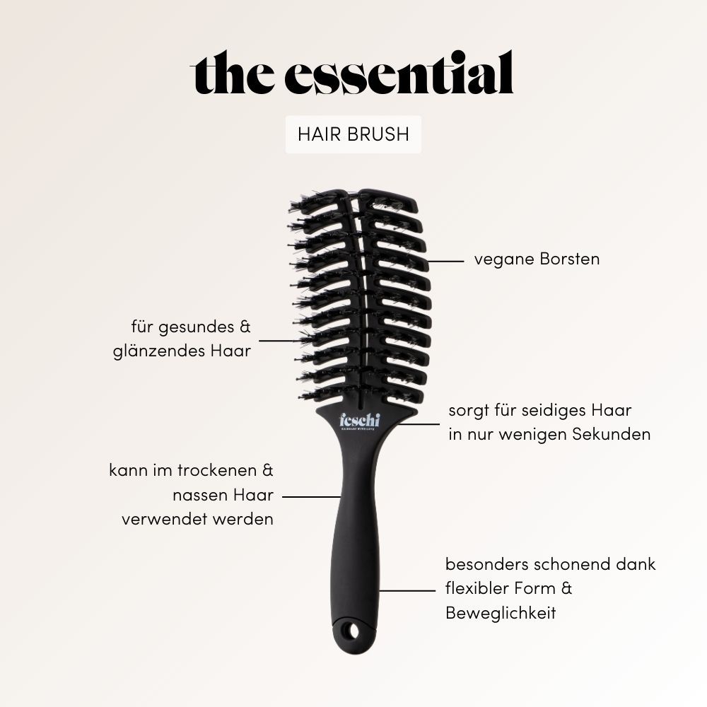 Diagramm der Haarbürste. Text: the essential, Hair Brush, vegane Borsten, feschi.