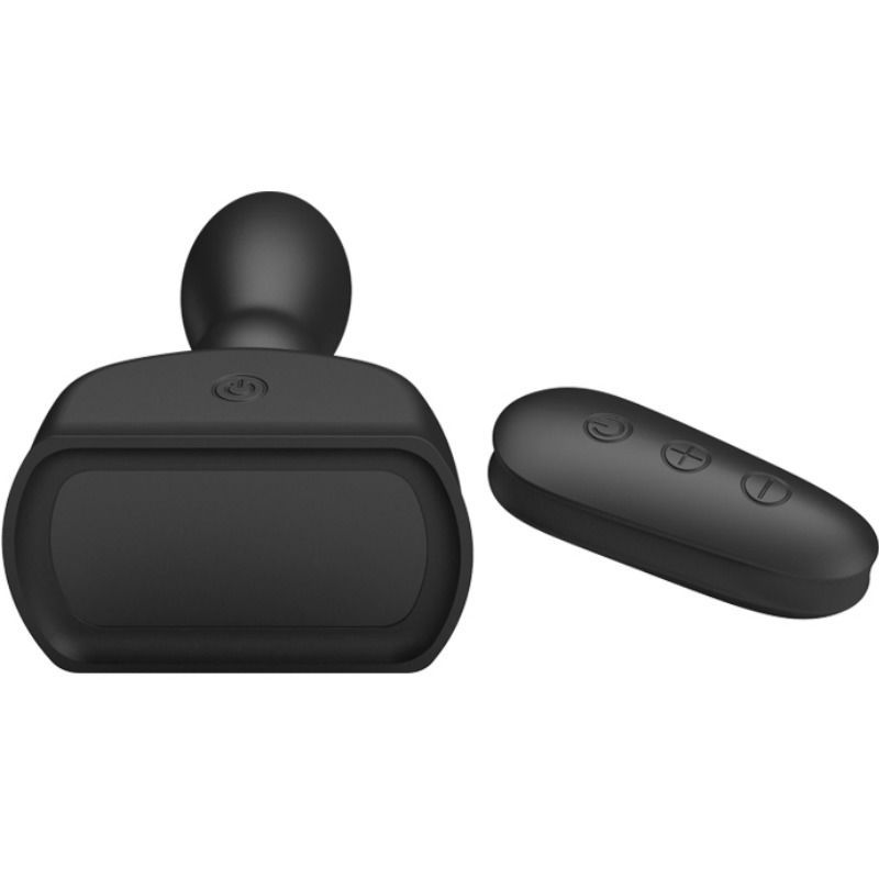 Schwarzer Prostata-Vibrator und Fernbedienung. Abgerundete Formen. Auf der Fernbedienung sind Tasten.