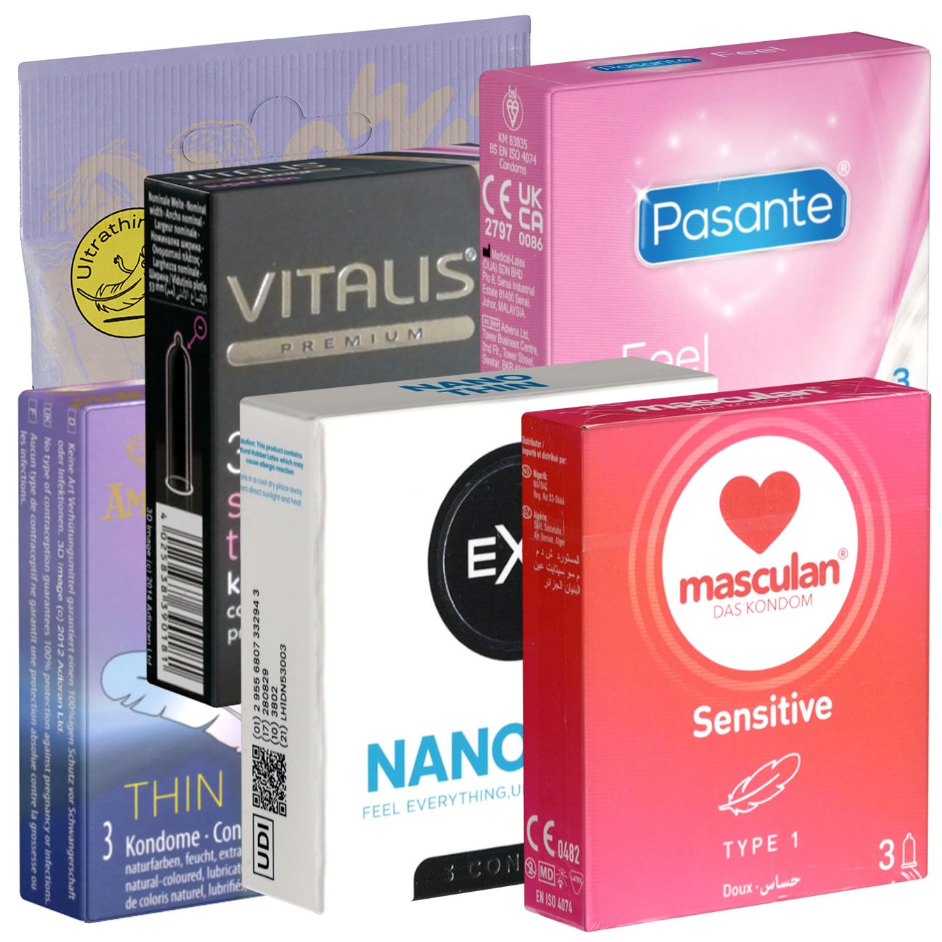 Mehrere Kondom-Verpackungen. Marken: VITALIS, Pasante, masculan, NANO, Ultrathin. Farben: Schwarz, Pink, Rot, Weiß, Lila. Verschiedene Formen und Größen.