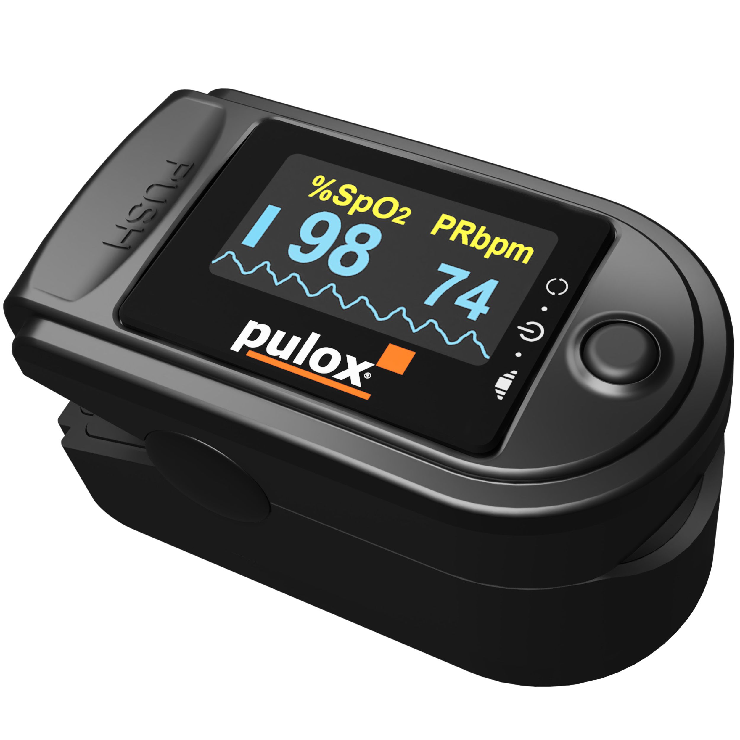 Pulox PO-200 Solo Pulsoximeter: Schwarzes Gehäuse, Display zeigt SpO2 98%, PRbpm 74. Mit "PUSH"-Markierung.