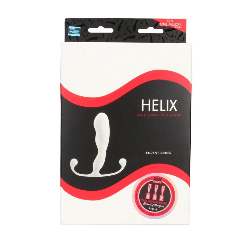 Rückseite der Verpackung für den Aneros Helix G-Punkt-Stimulator mit Produktinformationen.