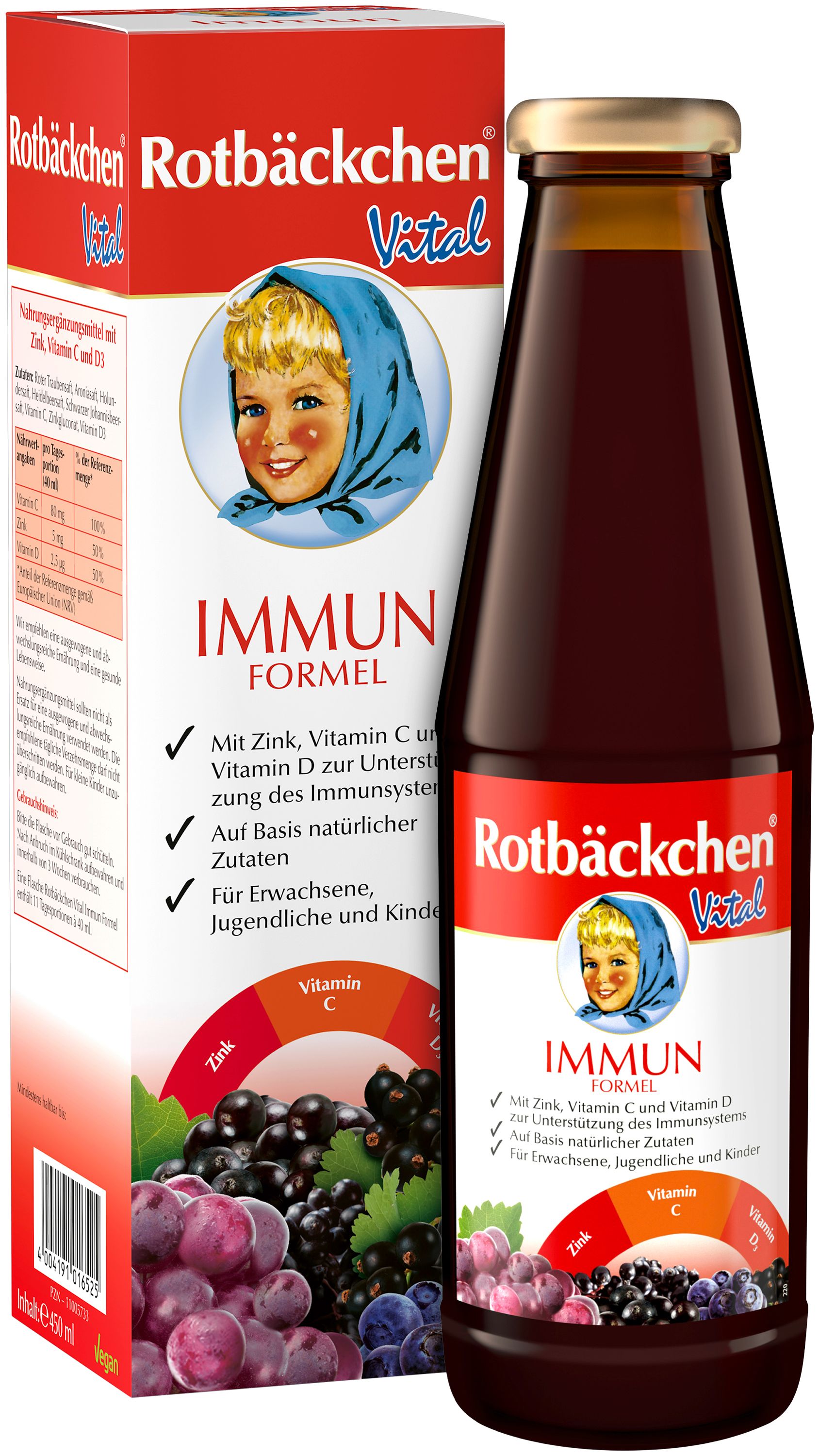 Rotbäckchen Vital Immun Formel. Flasche und Verpackung. Rote Etiketten mit Produktinformationen und Illustrationen. Schwarze Johannisbeeren.