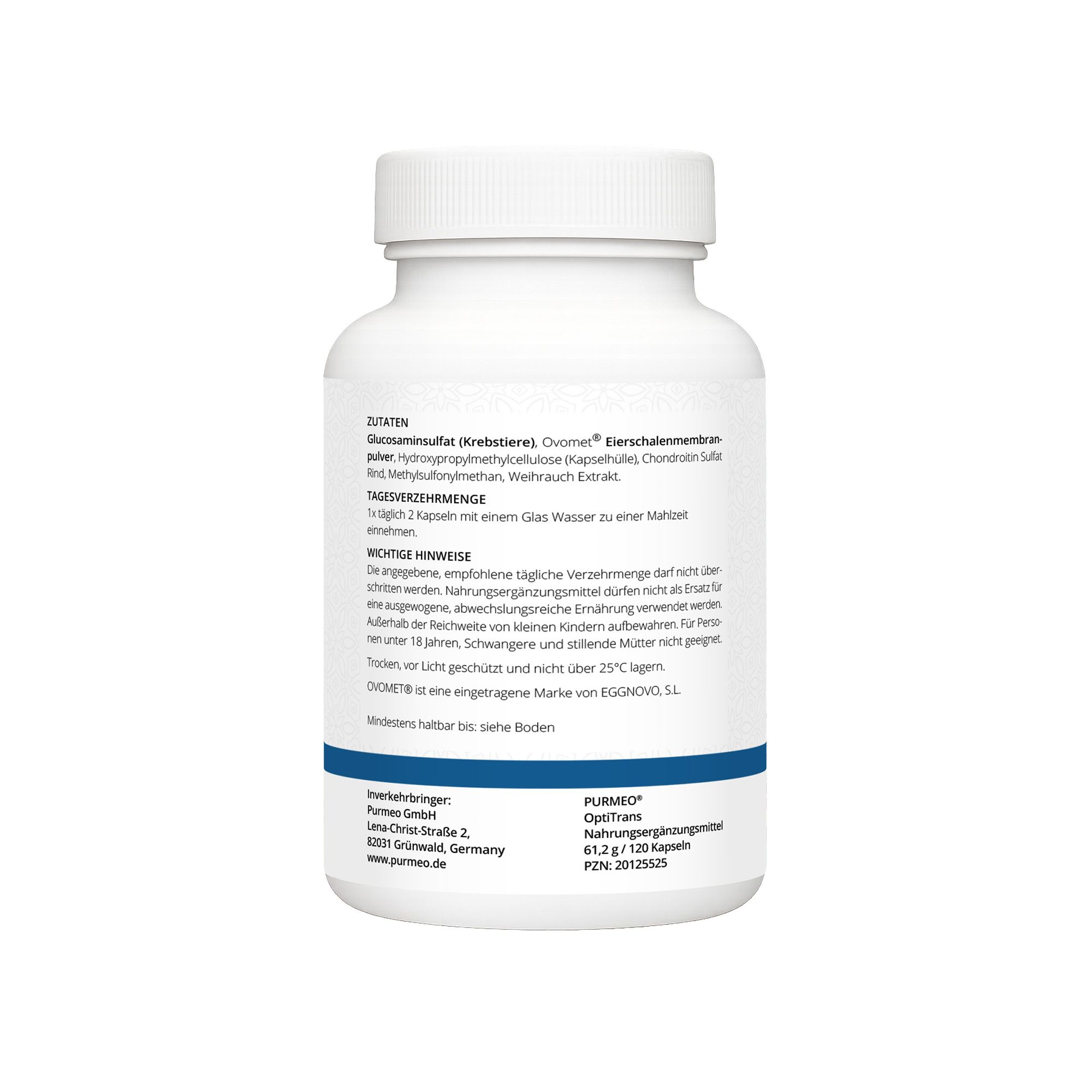 Rückseite einer weißen Flasche mit Kapseln. Enthält Zutaten, Anwendungshinweise und Herstellerinformationen.