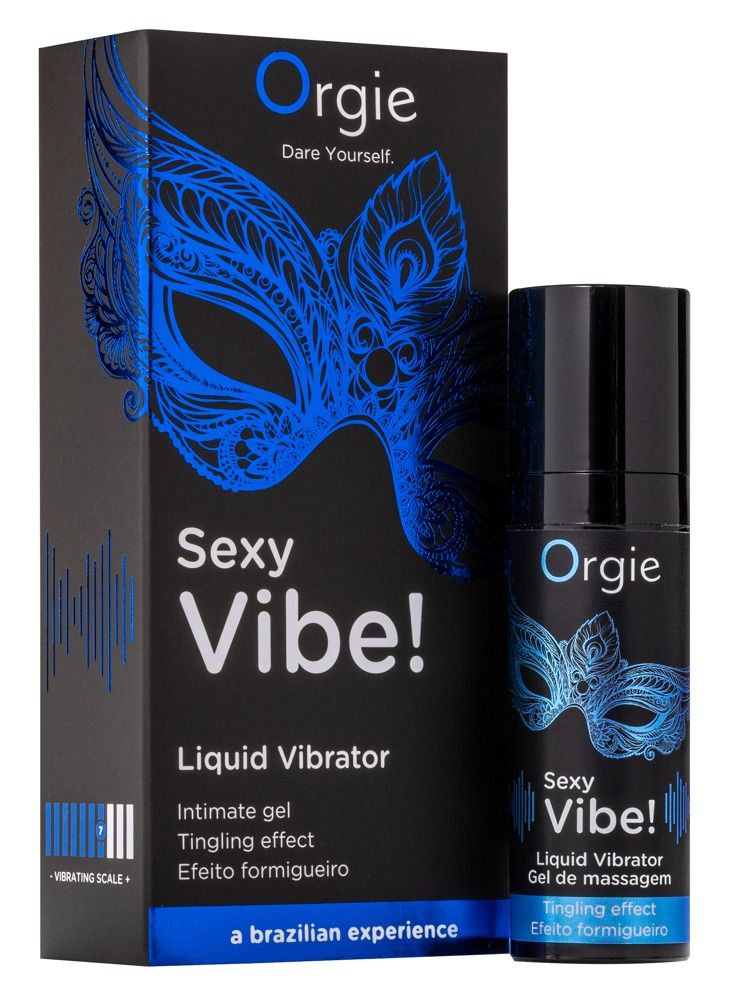 Produkt und Verpackung nebeneinander. Schwarze Flasche und Verpackung mit blauem Masken-Design. Text: Orgie, Sexy Vibe!