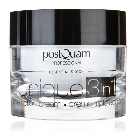 Creme-Glas mit schwarzem Deckel. Aufschrift: Postquam Professional, Unique 3in1. Dreifach-Wirkungs-Creme.
