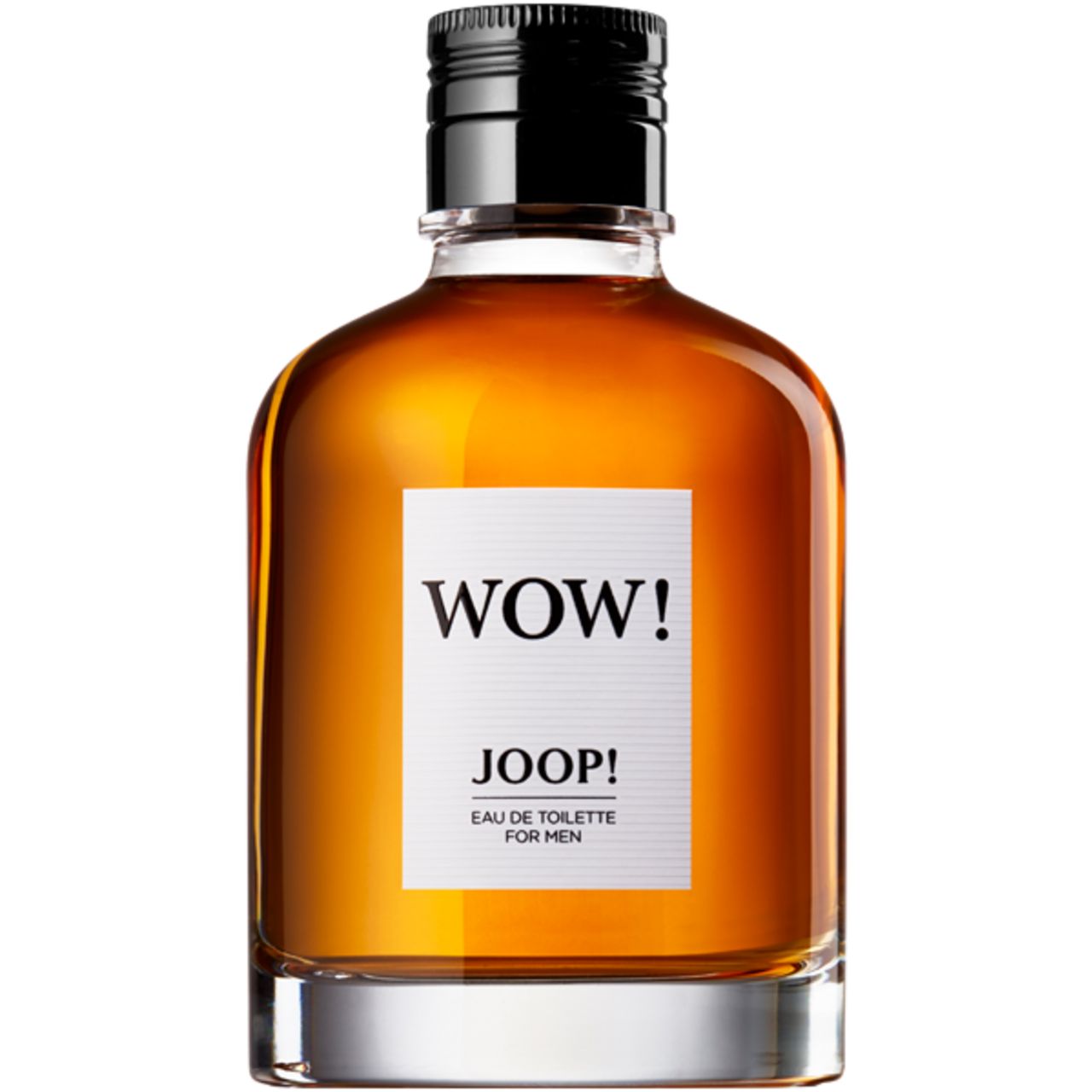 Joop Wow Eau de Toilette für Herren. Flakon mit schwarzem Verschluss. Aufkleber mit Schriftzug WOW! und JOOP!