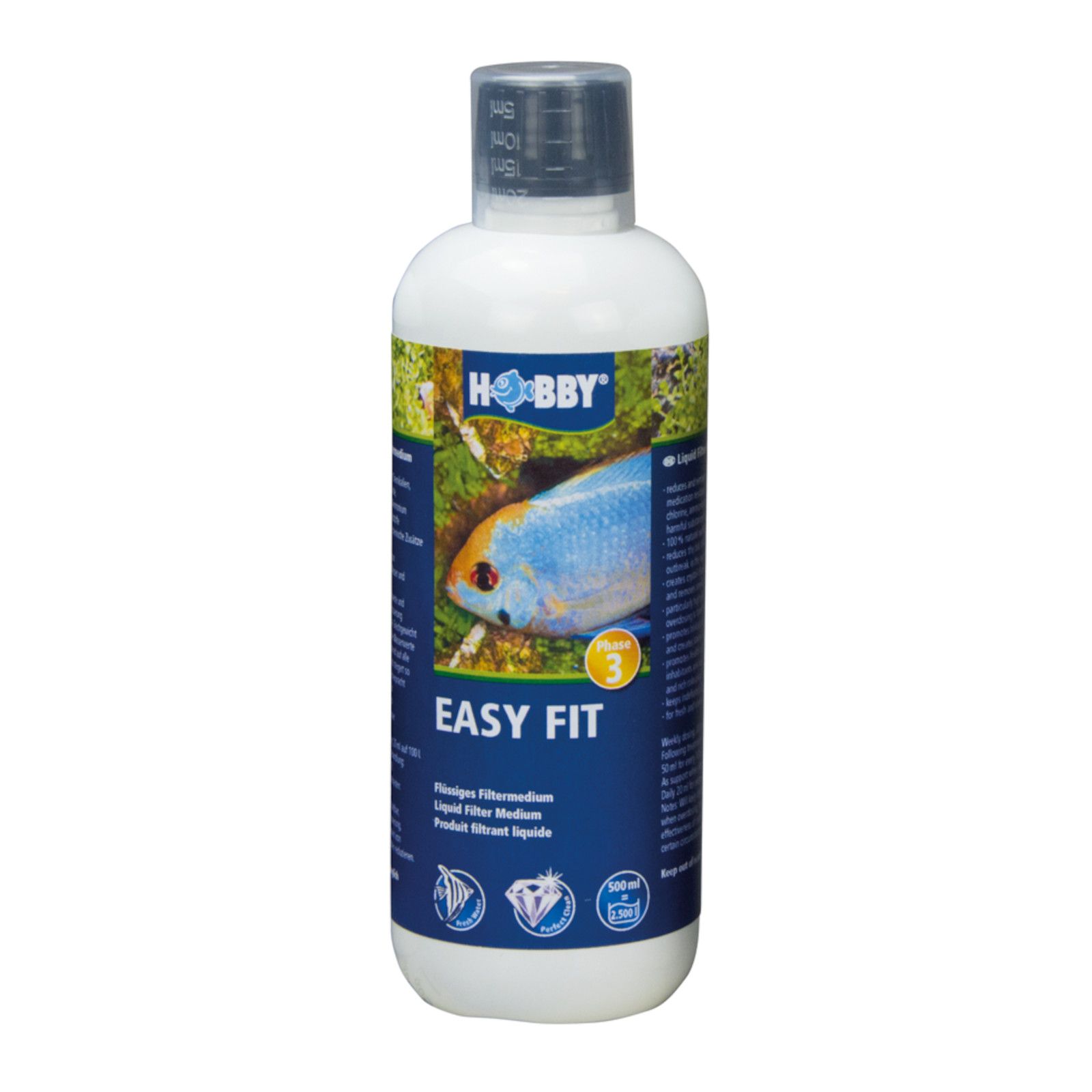 Weiße Flasche mit blauem Etikett. Aufschrift Hobby, EASY FIT. Flüssiges Filtermedium. Fischabbildung.