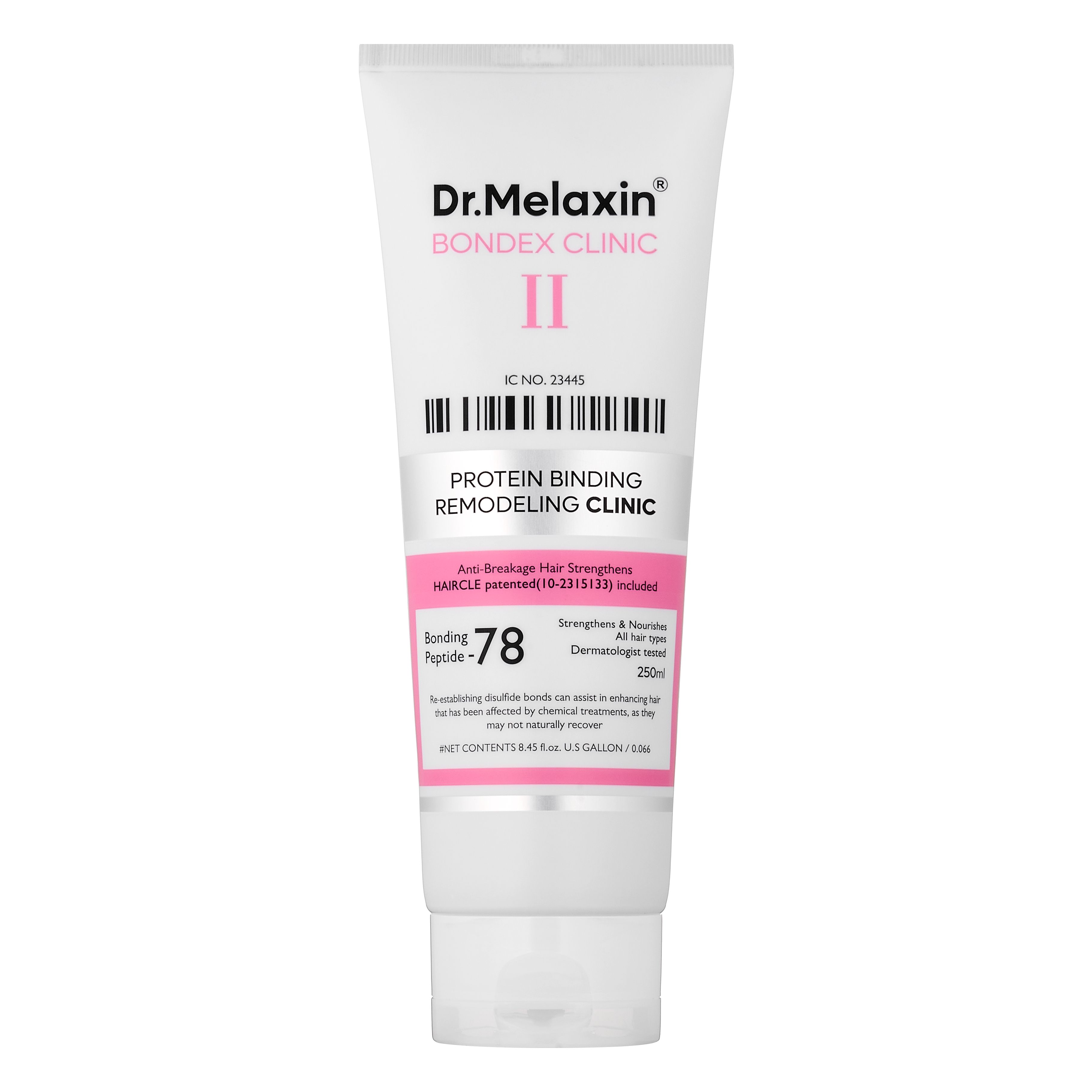 Weiße Tube mit rosa Etikett. Aufschrift: Dr.Melaxin Bondex Clinic II. Text: Protein Bonding Remodeling Clinic. Barcode und weitere Informationen.
