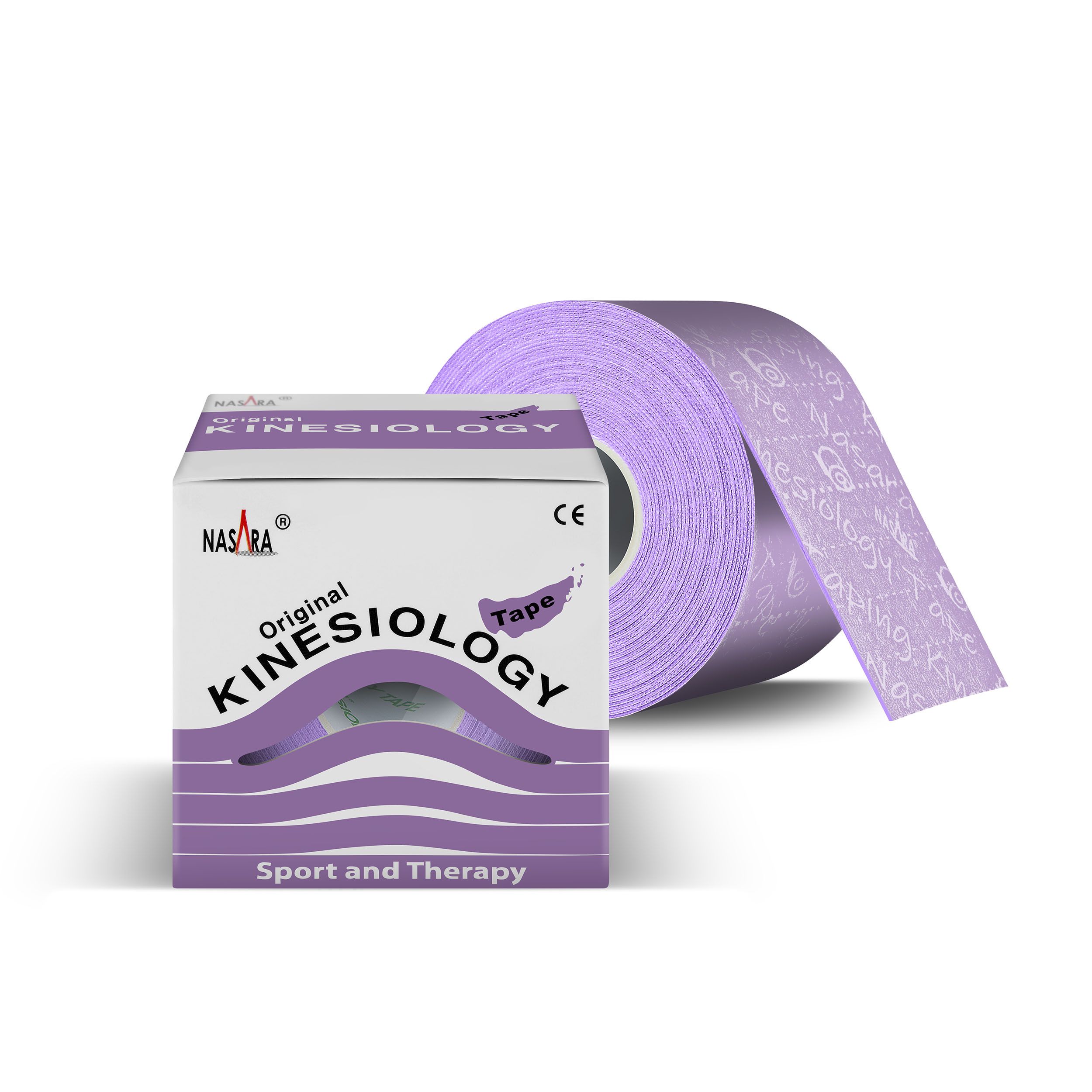 Kinesiologie Tape lila Box und Rolle. Marke NASARA. Text: Original Kinesiology Tape, Sport and Therapy. CE-Zeichen.