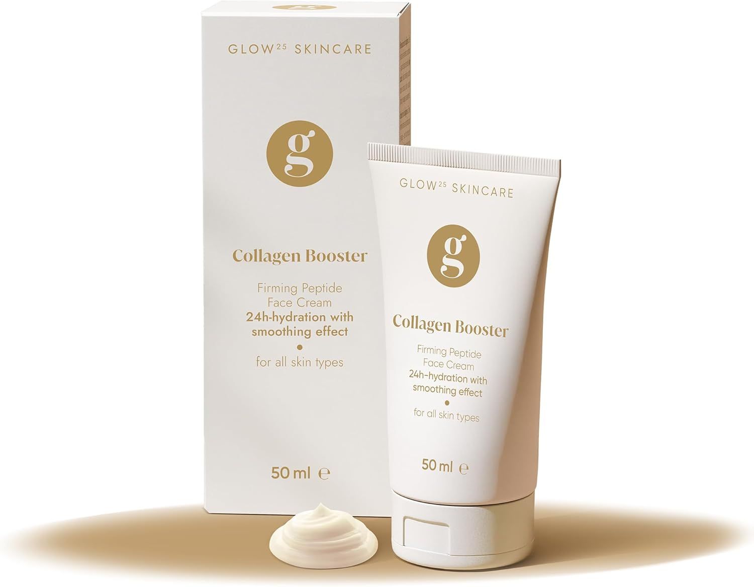 Tube et boîte blanches "Glow Skincare Collagen Booster". La tube contient 50 ml de crème. À côté, une noisette de crème. Sur l'emballage, on lit "Firming Peptide Face Cream" et "for all skin types".
