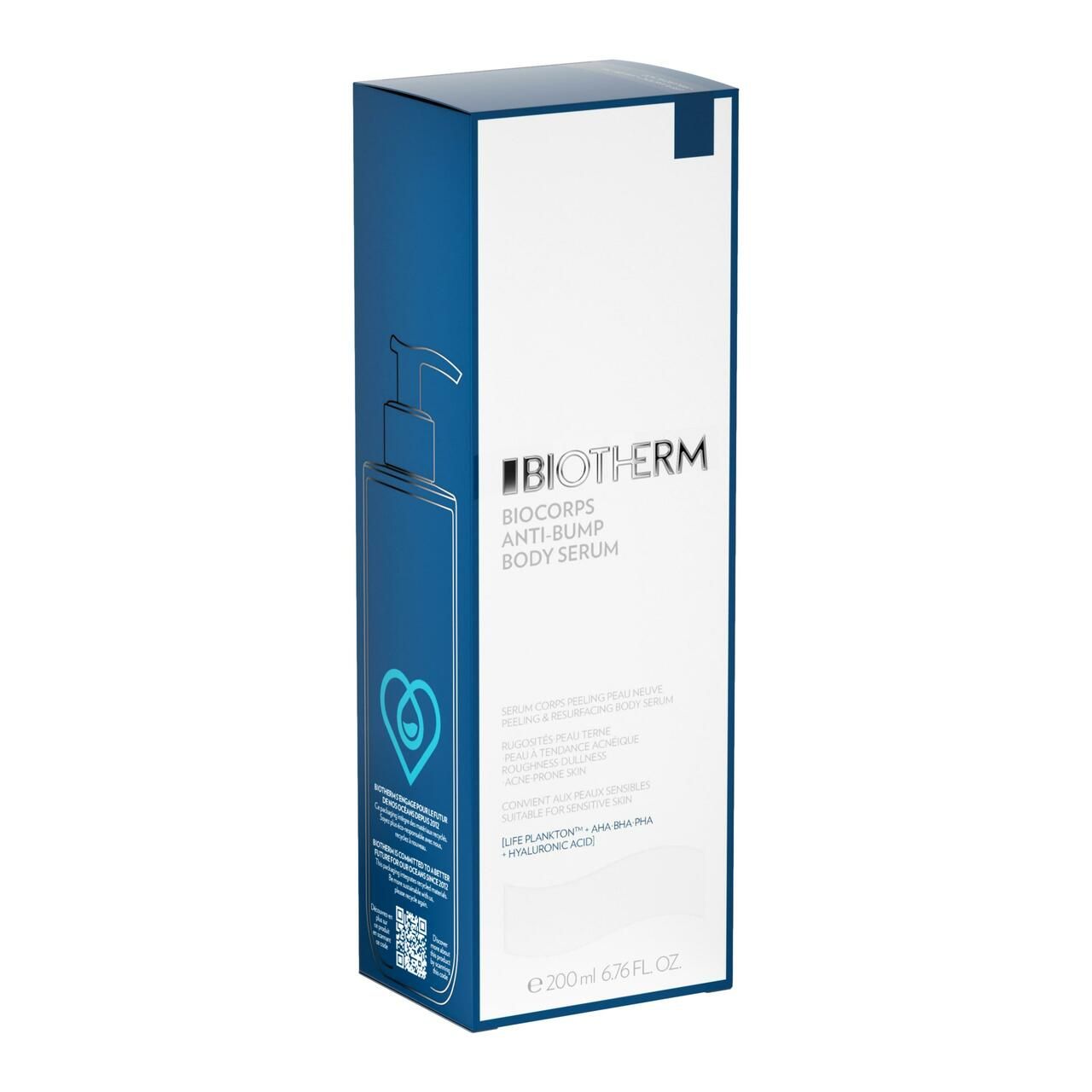 Verpackung des Biotherm Biocorps Body Serum. Blaue Box, Produktabbildung.