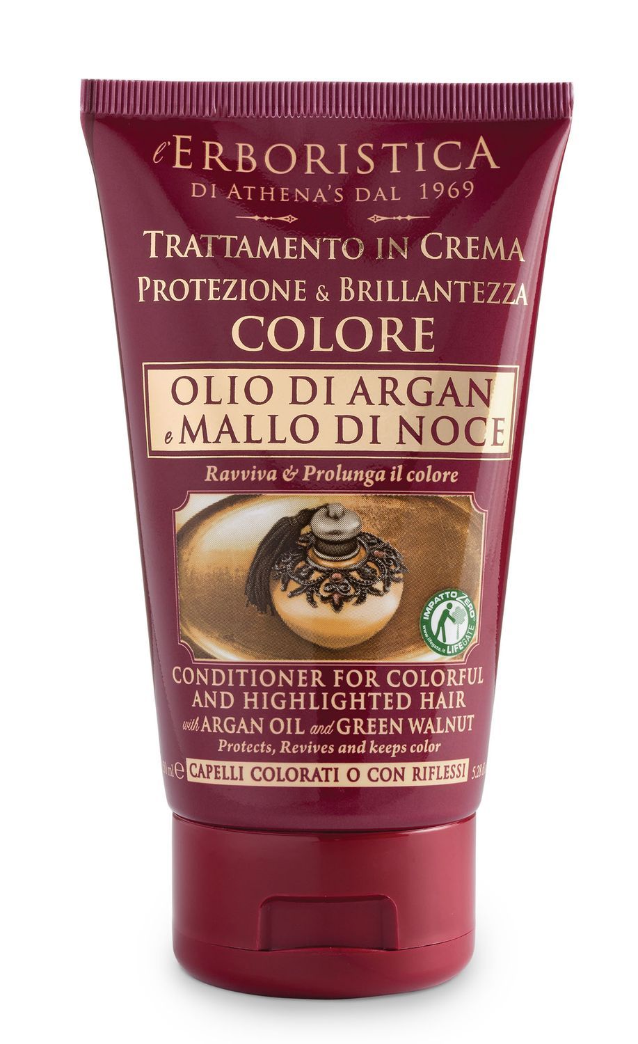 Conditioner für gefärbtes Haar. Tube mit Aufschrift 'Olio di Argan e Mallo di Noce'. Enthält Arganöl und grüne Walnuss.