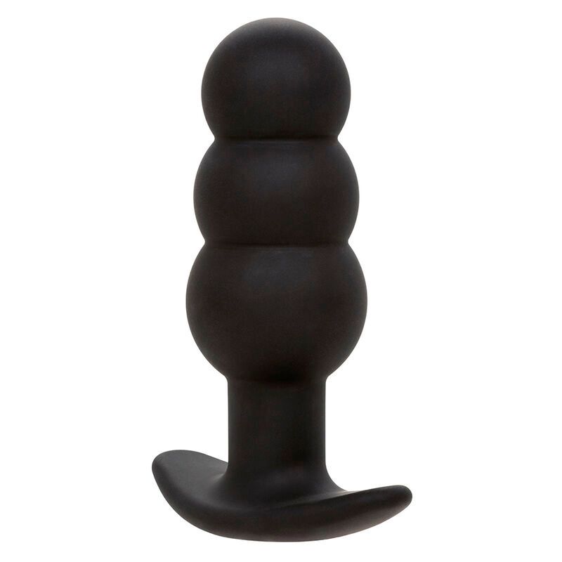 Schwarzer Butt-Plug mit drei übereinanderliegenden Kugeln und einem breiten Flansch.