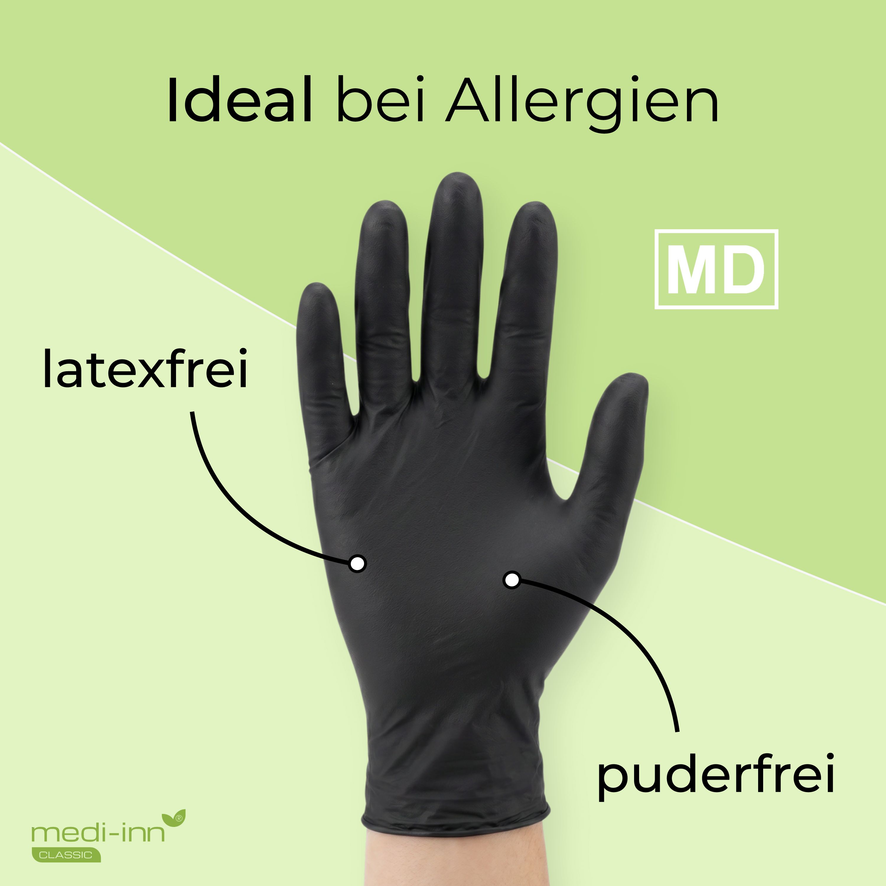 Schwarzer Nitril-Einmalhandschuh, latexfrei und puderfrei, für Allergiker.