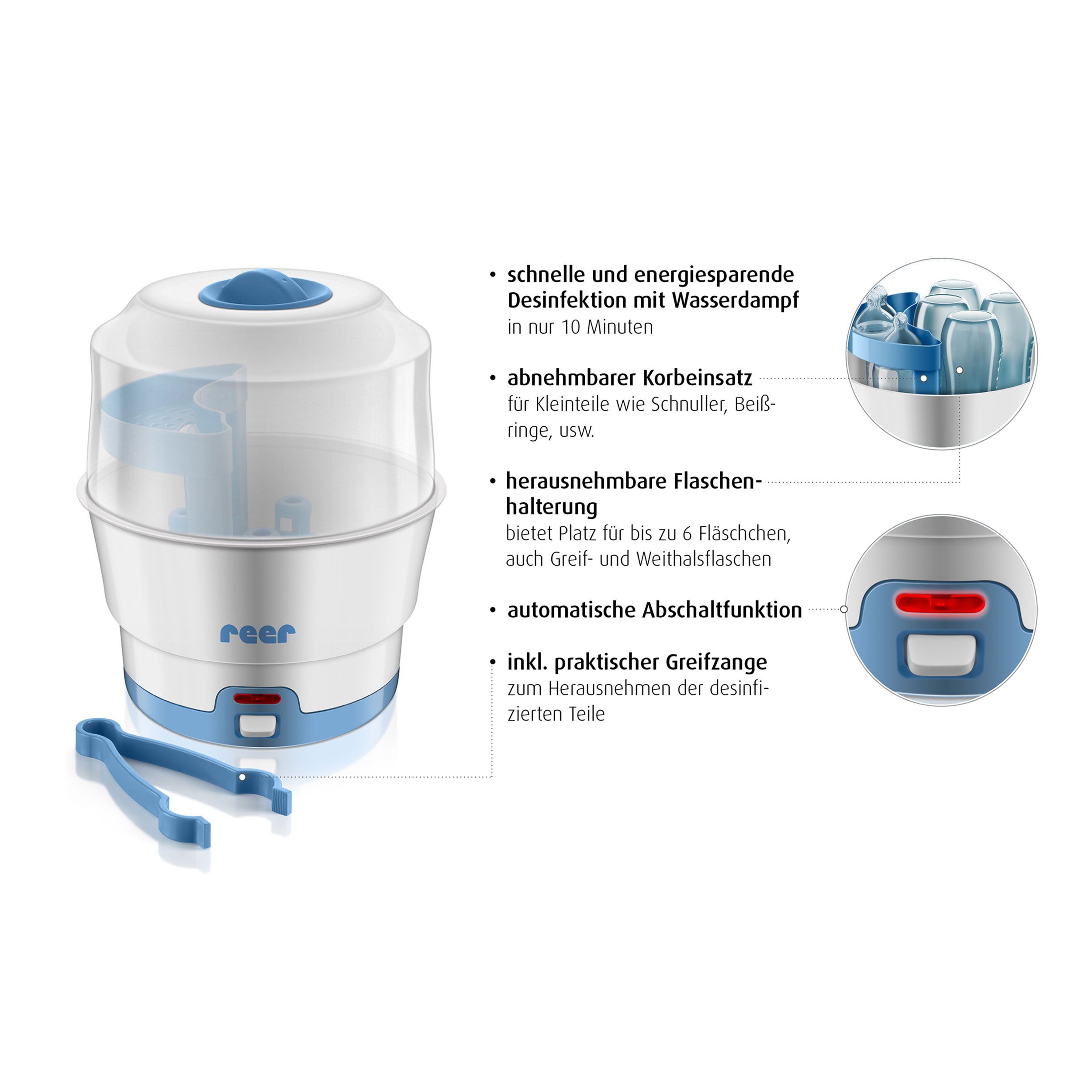 Vaporisator mit Flaschen, Deckel und Zange. Text: schnelle und energiesparende Desinfektion.